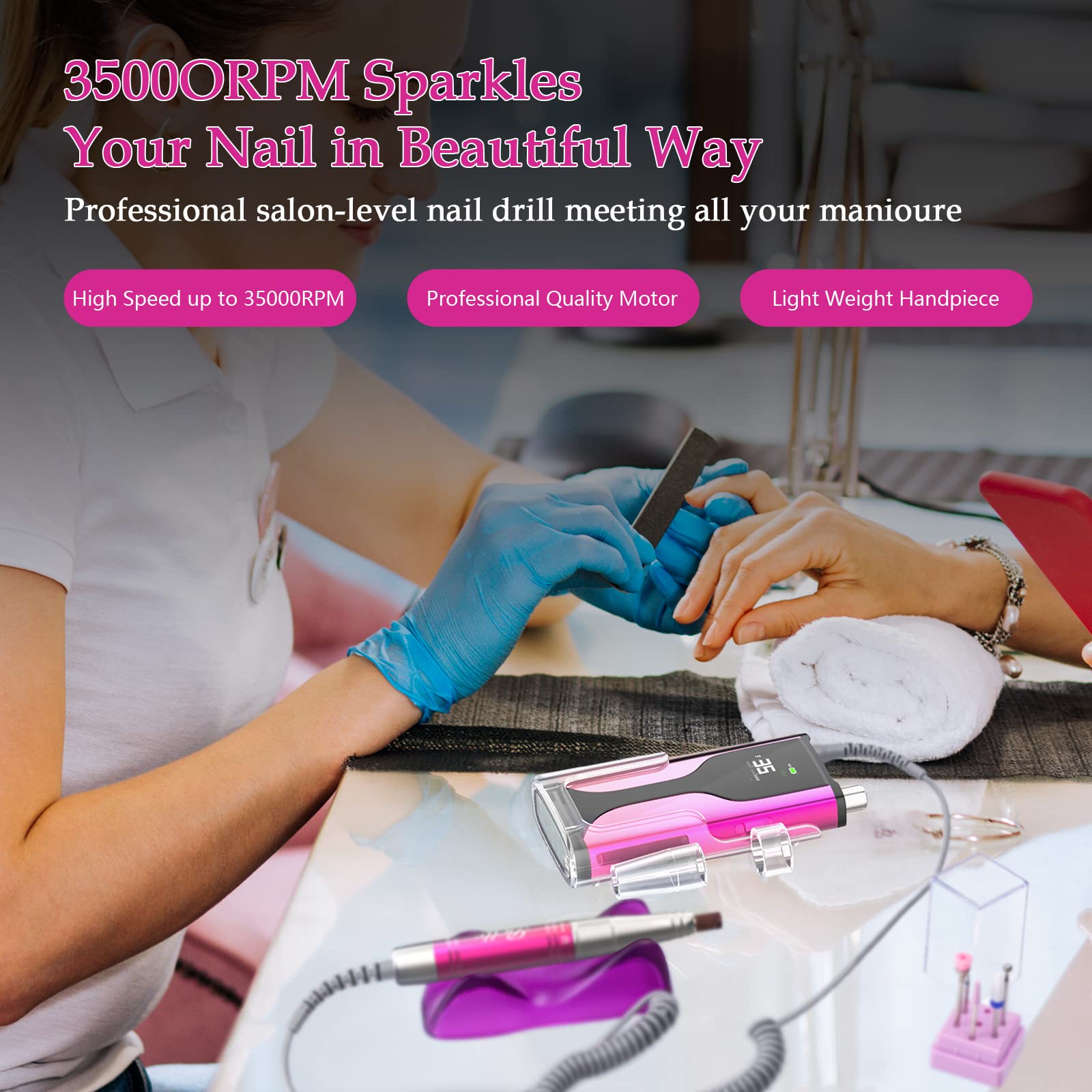 Belle Professional Nail Drill Machine,35000 RPM Rechargeable Nail File for Acrylic Nails with 6 Nail Drill Bits , Brushless Motor E File for Manicure /Pedicure with Carrying Case