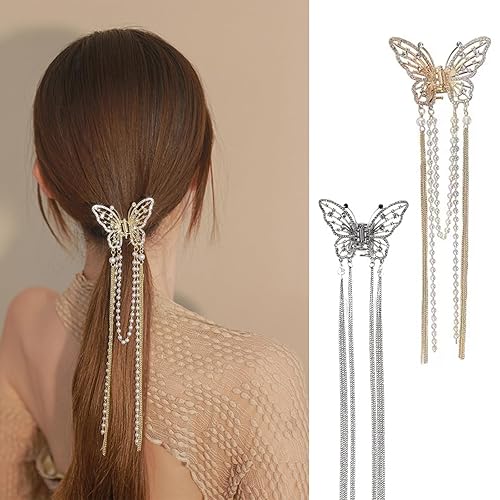 Pinzas para el cabello de mariposa con diamantes de imitación de cristal, cadena para el cabello con borla dorada y plateada, accesorios para el