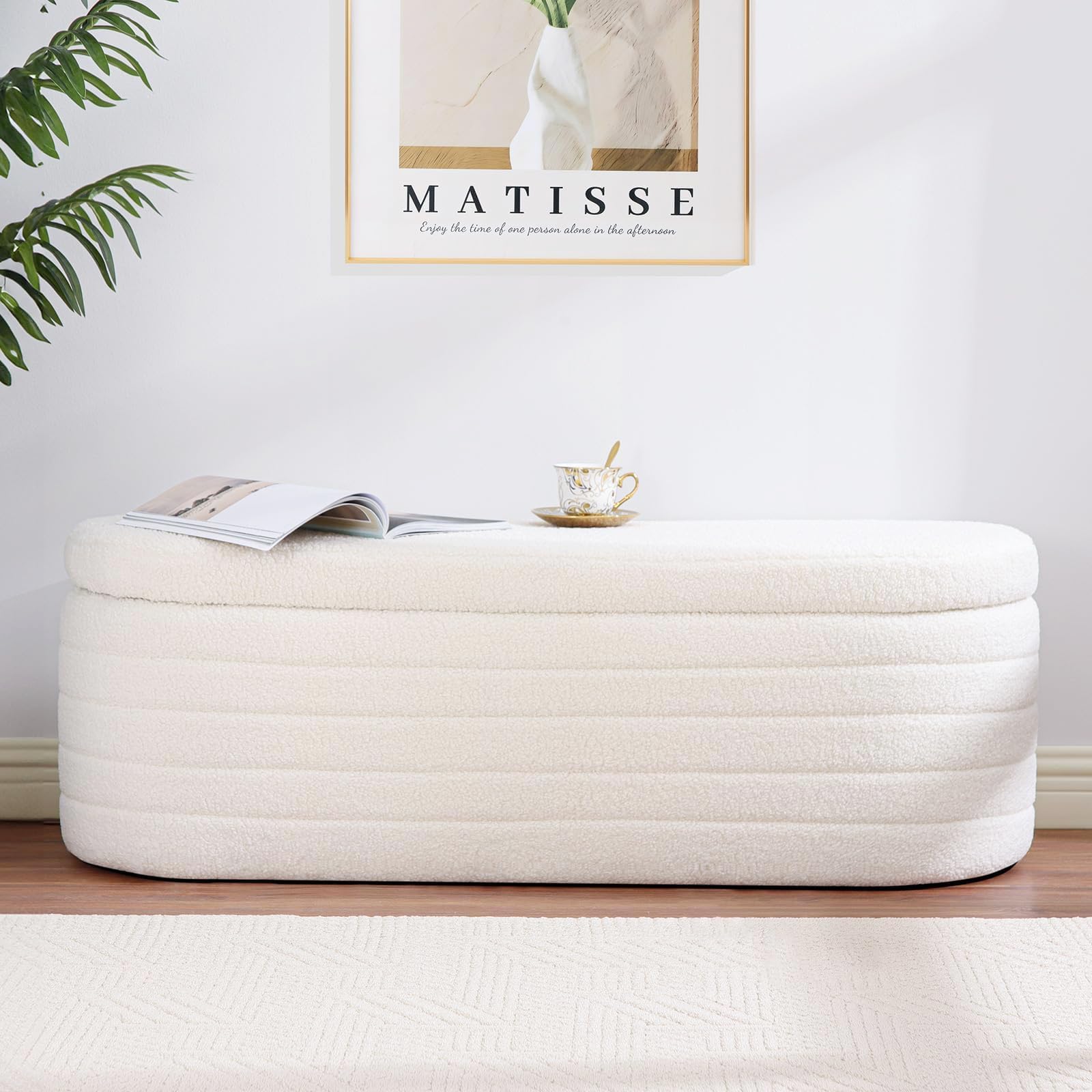 Ottoman Storage Box, Teddy Upholstered Fabric Large Storage Bench End of Bed Stool with Safety Hinge Footstool for Bedroom, Living Room, Entryway - Oval