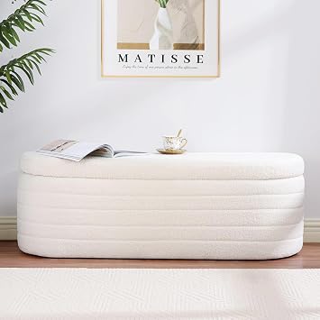 Ottoman Storage Box, Teddy Upholstered Fabric Large Storage Bench End of Bed Stool with Safety Hinge Footstool for Bedroom, Living Room, Entryway - Oval