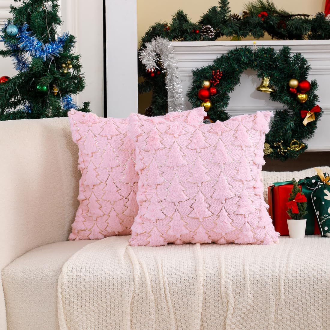 VAKADO Christmas Throw Pillow Covers 26x26 Set of 2 Embroidered Decorative Xmas Cushion Cases Holiday Soft Home Decor for Bedroom Sofa Chair Porch Winter, Green