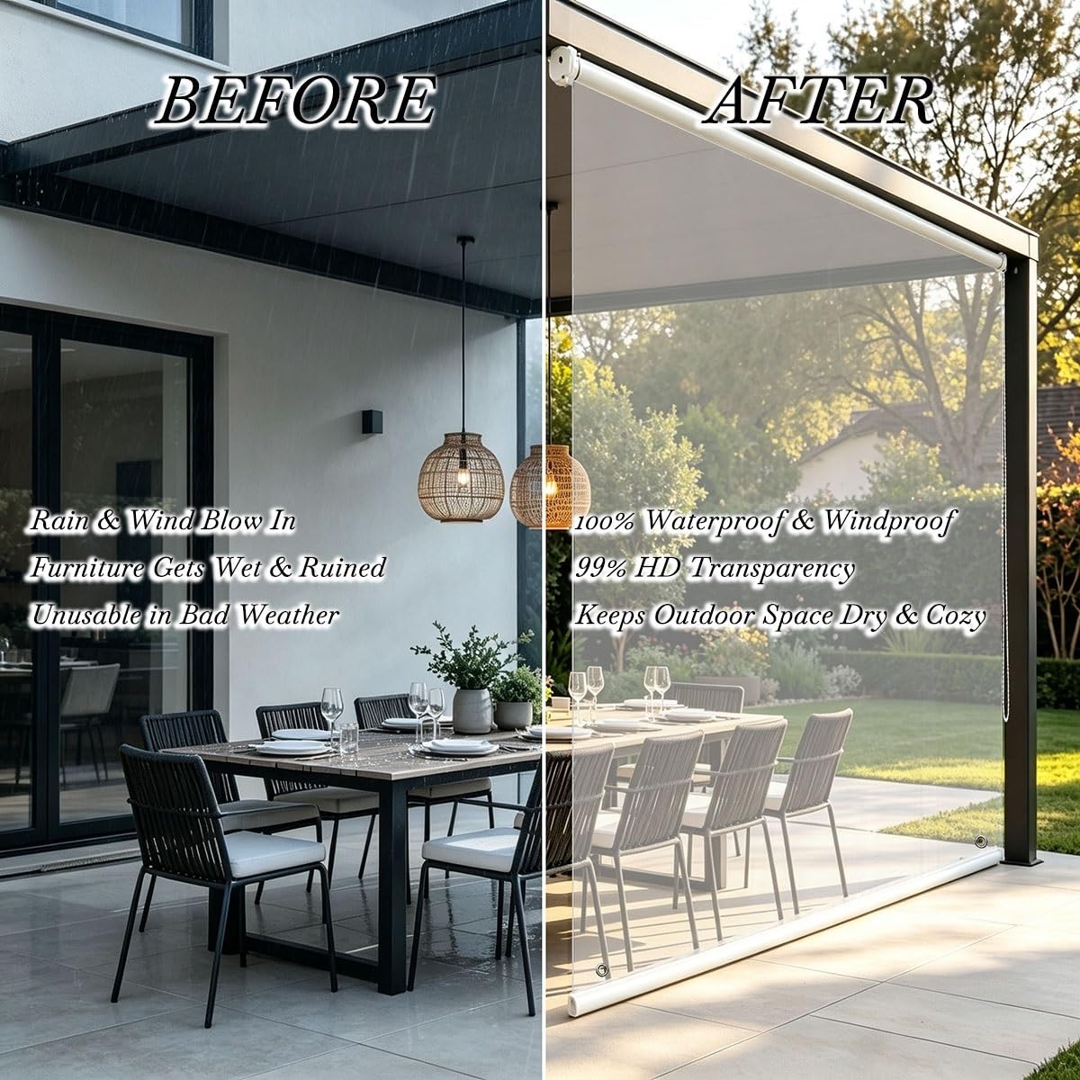 Generico Tenda Rullo PVC Trasparente Esterno Impermeabile pergola | Tenda rullo termica trasparente per pergola 80/120/180/220 cm, facile montaggio, antivento(B150xH250cm)