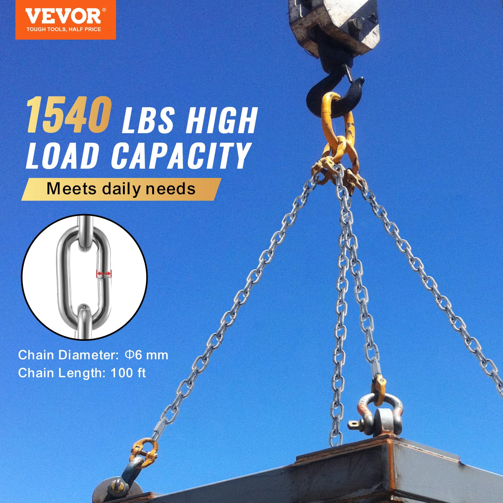 VEVOR Cadena de Eslabones de Acero Galvanizado 6 mm x 30.5 m 698 kg