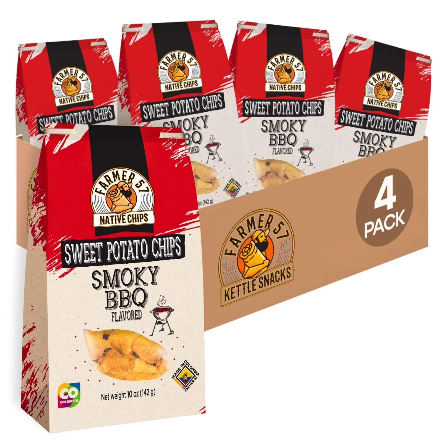 Farmer 57 Native Chips Sweet Potato Chips Smoky BBQ 10 oz – 4 Pack, Kettle Cooked Crunch, Kosher, Gluten-Free, Non-GMO
