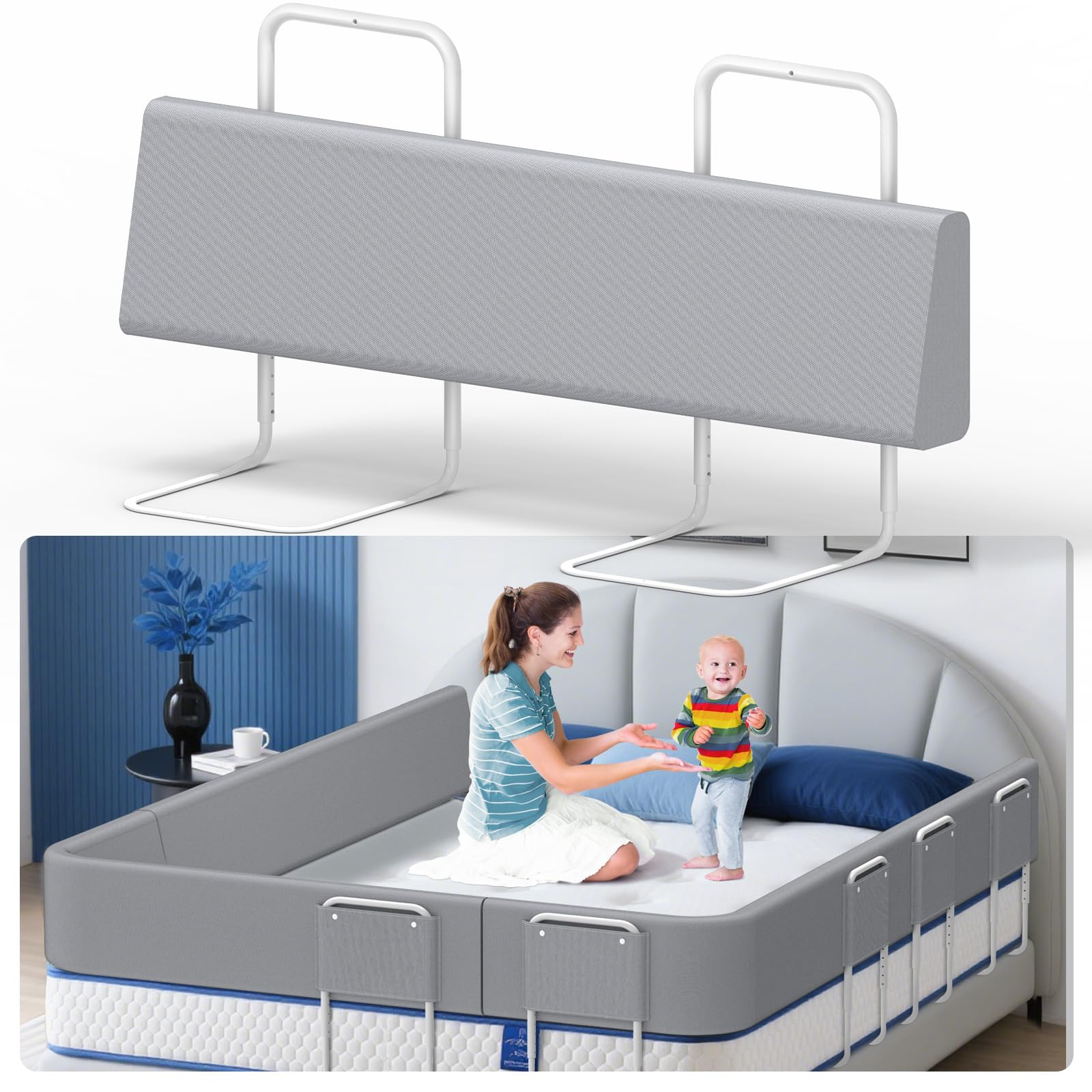 Sicherheitsgitter für Kinderbett 100cm, Verstellbare Baby-Bettbarriere mit 5 Höheneinstellungen, Flexibler Schutzrahmen zur Sturzprävention für Familien und Säuglinge, Grau