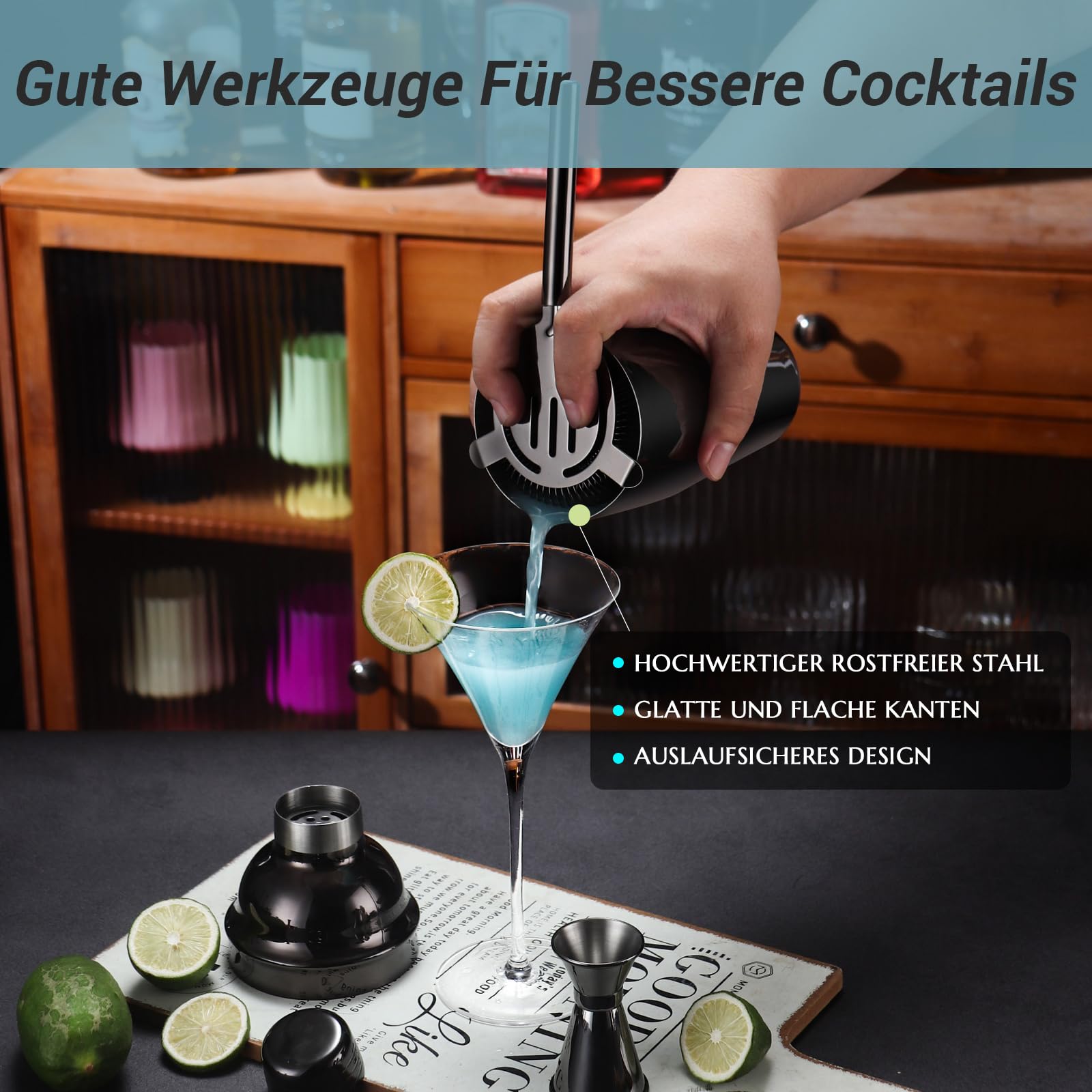Cocktail Shaker Set, 12 Teiliges Edelstahl Bar Zubehör Set, 750ML Shaker Barkeeper Set mit Ständer, Ideales Cocktail Maschine Barkeeper Set für die Hausbar (Schwarz)