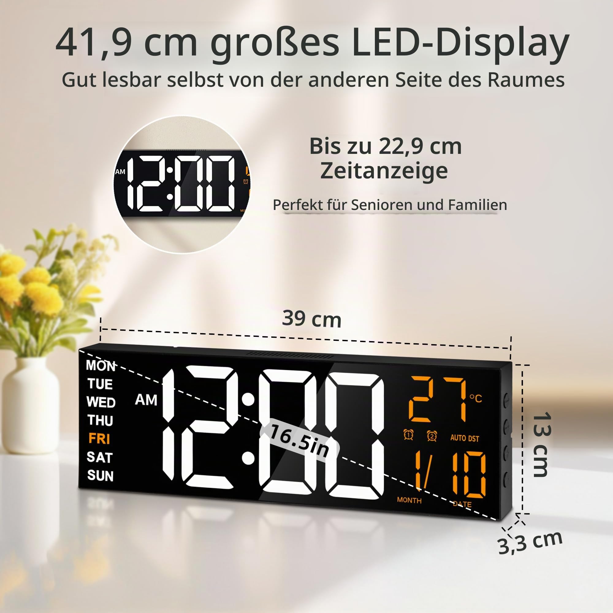 16,5" Große LED Digital Wanduhr mit Nachtlicht, Automatischer Dimmfunktion, 2 Weckern, 8 RGB-Farben, Temperaturanzeige, Fernbedienung, 12/24 Std., Timer für Wohnzimmer, Schlafzimmer, Büro