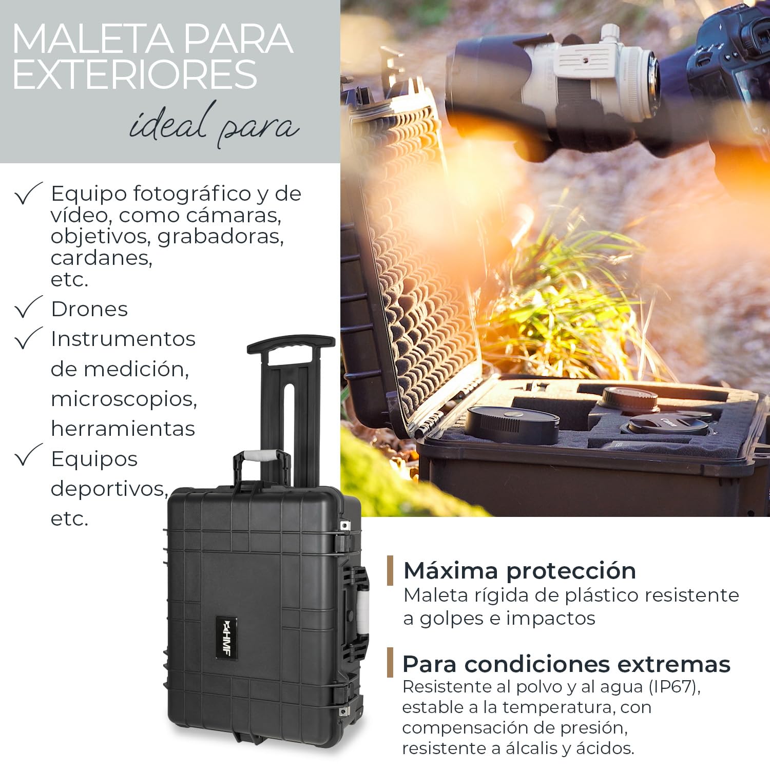 HMF Trolley de Exterior, Maleta para cámara con Espuma troquelada | 58,5 x 45 x 27,5 cm | Negro