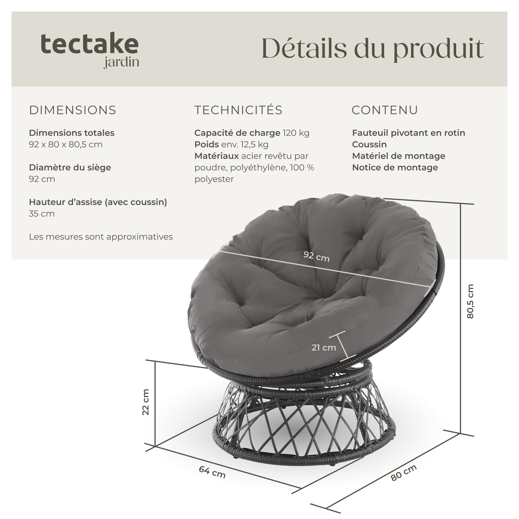 tectake® Fauteuil Papasan en Rotin Chaise Relax Ronde Résine Tressée 1 Place Pivotant à 360°, Coussin Épais Grand Confort Inclus, Mobilier de Jardin pour Amenagement Balcon Terrasse Salon de Jardin