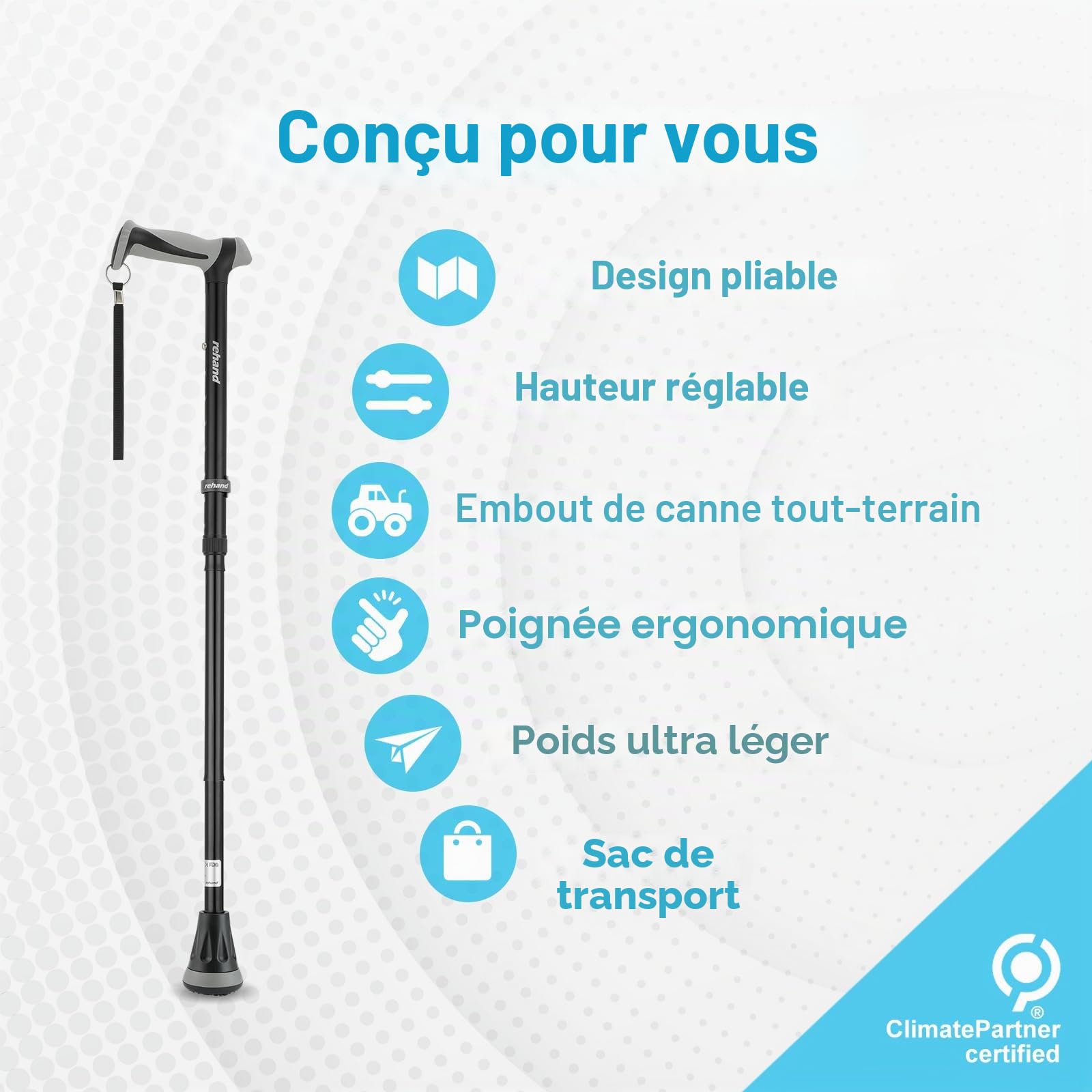 Rehand Canne de Marche Pliable Tout-Terrain, Canne de Marche pour Femme et Homme, Pointe Pivotante et Aide à la Mobilité Robuste, Bâton de Marche Réglable pour Les Personnes âgées et Les Dames