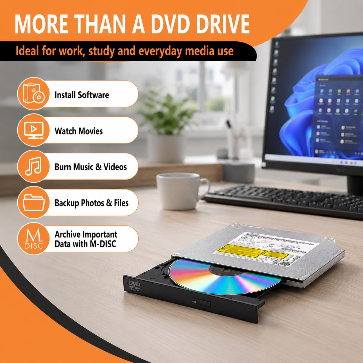 Lecteur DVD RW interne SATA 9,5 mm, GUD1N Slim à chargement par plateau, graveur de CD DVD 8X avec support M-DISC, remplacement super multiple pour ordinateur portable et ordinateur de bureau