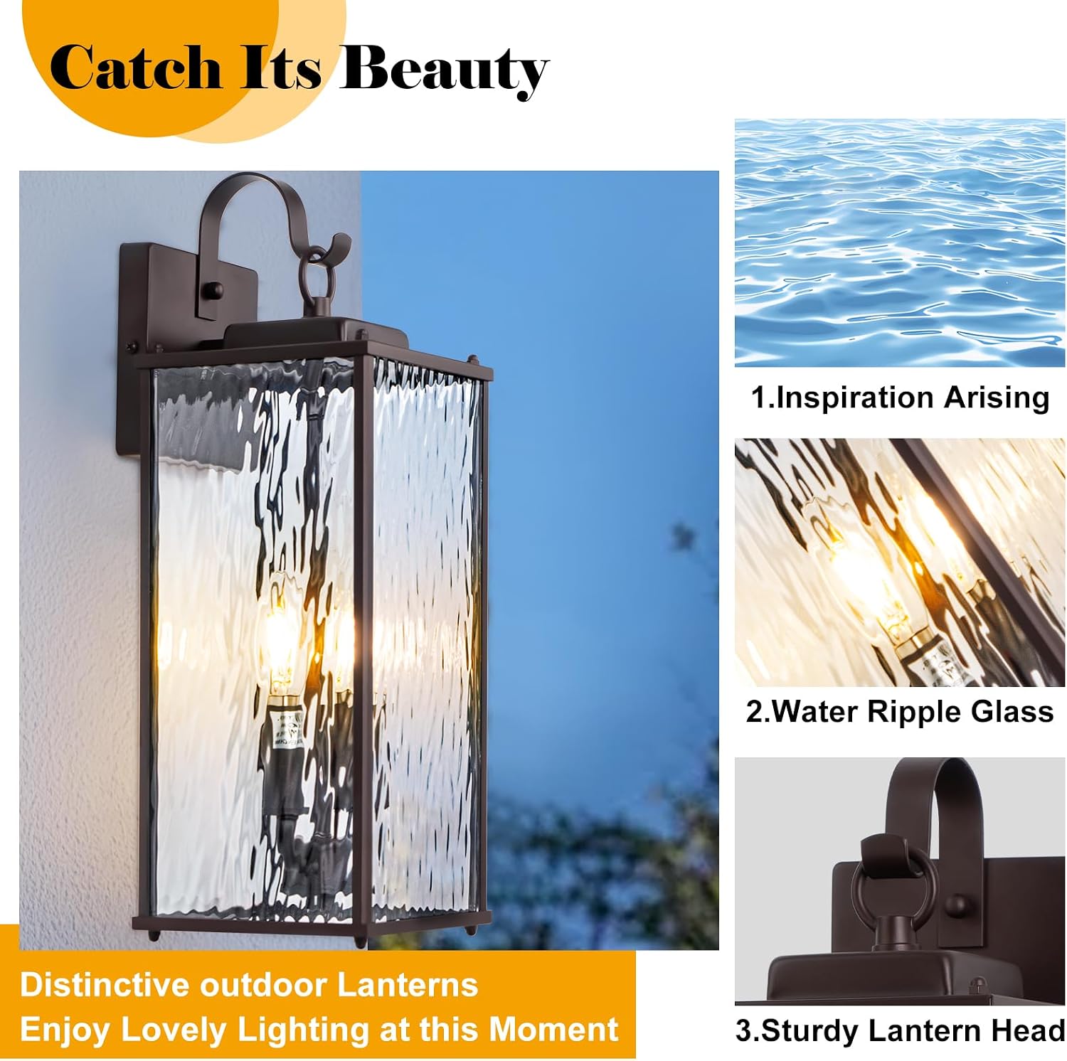 18” Large Oil Rubbed Bronze Outdoor Lighting 1 Pack, 2-Light Bulb Water Ripple Glass Exterior Light Fixture Brown Wall Sconce Outside Light for House IP65 Waterproof Front Porch Lantern, E12