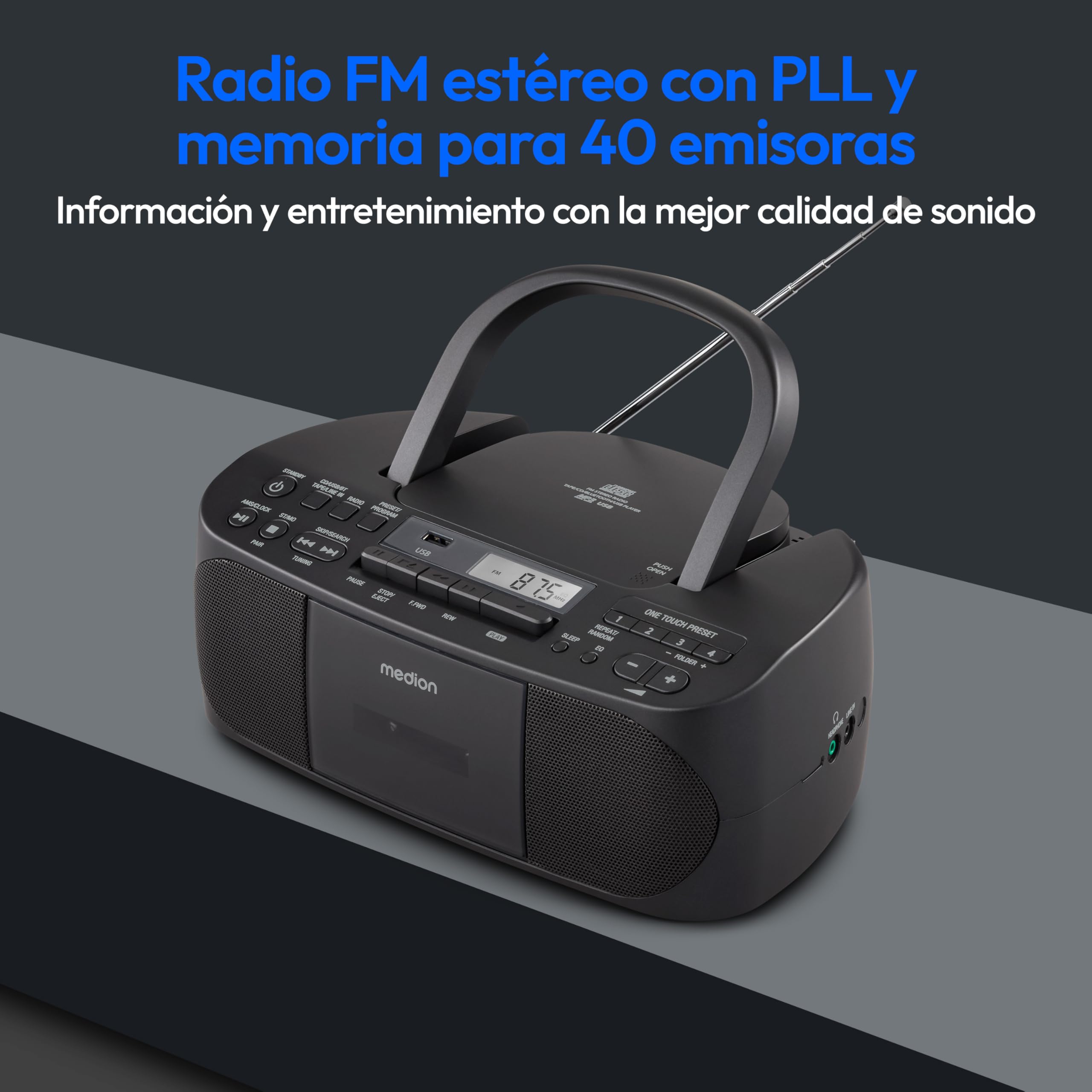 MEDION E65010 Radio estéreo (Reproductor de CD, Casete, conexión USB, Entrada de Audio AUX, reproducción de MP3, Radio FM PLL, Memoria de 40 emisoras, Funcionamiento con Pilas