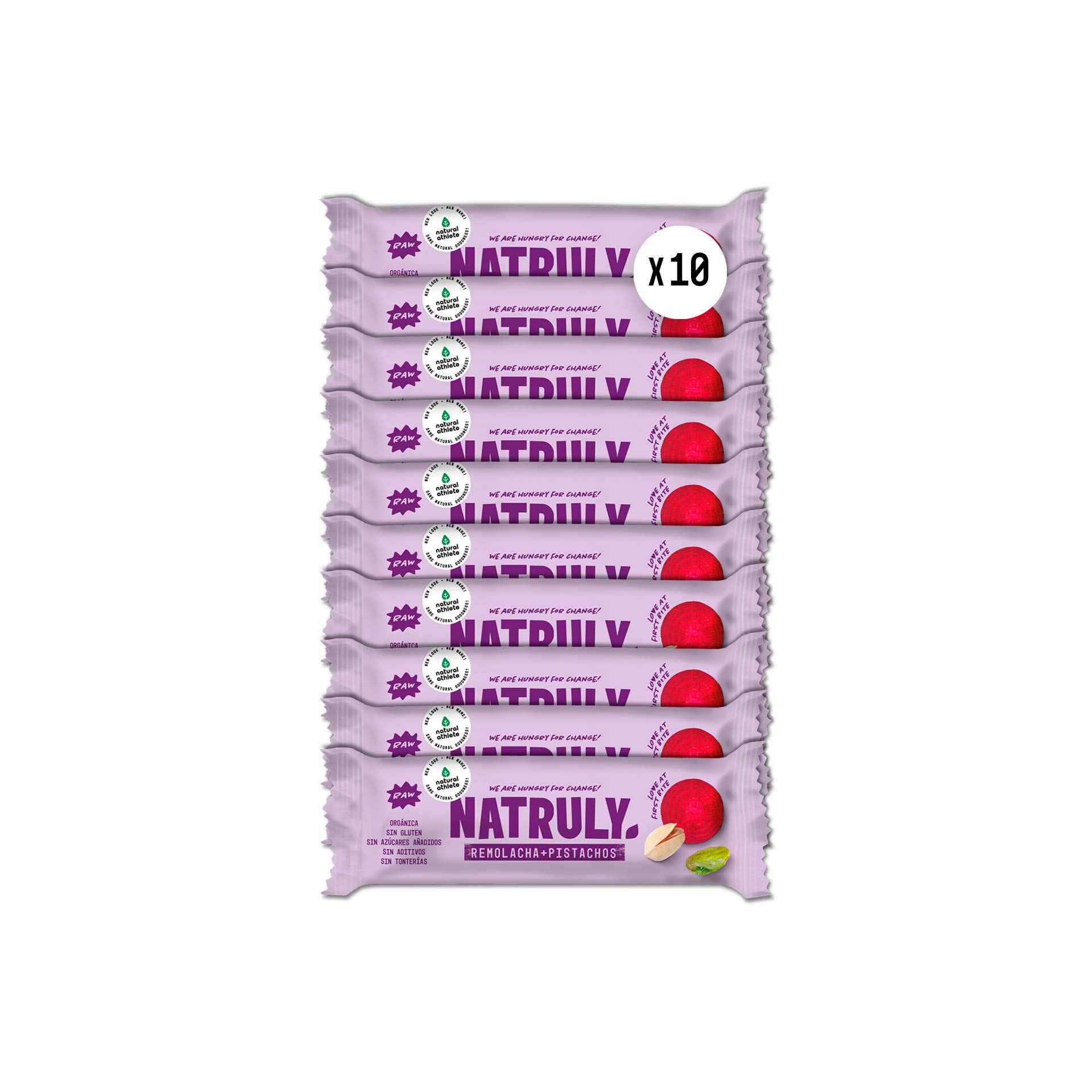 NATRULY Barritas Energéticas BIO Remolacha y Pistacho Sin Azúcar Añadido, 100% Natural y Orgánicas, Sin Gluten, Vegana -Pack 10x40g