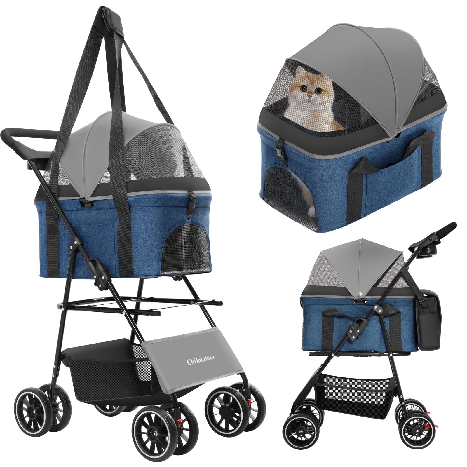 2-in-1 Foldable Pet Stroller with Canopy, 4 Wheels Pet Strolling Cart for Small/Medium Dogs and Cats with Removable Carrier,Breathable Mesh,Mom Tote