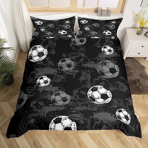 Miniatura 3 de Juego de funda de edredón de fútbol de tamaño matrimonial para niños y niñas, funda de edredón con temática deportiva, color gris y negro, juego de