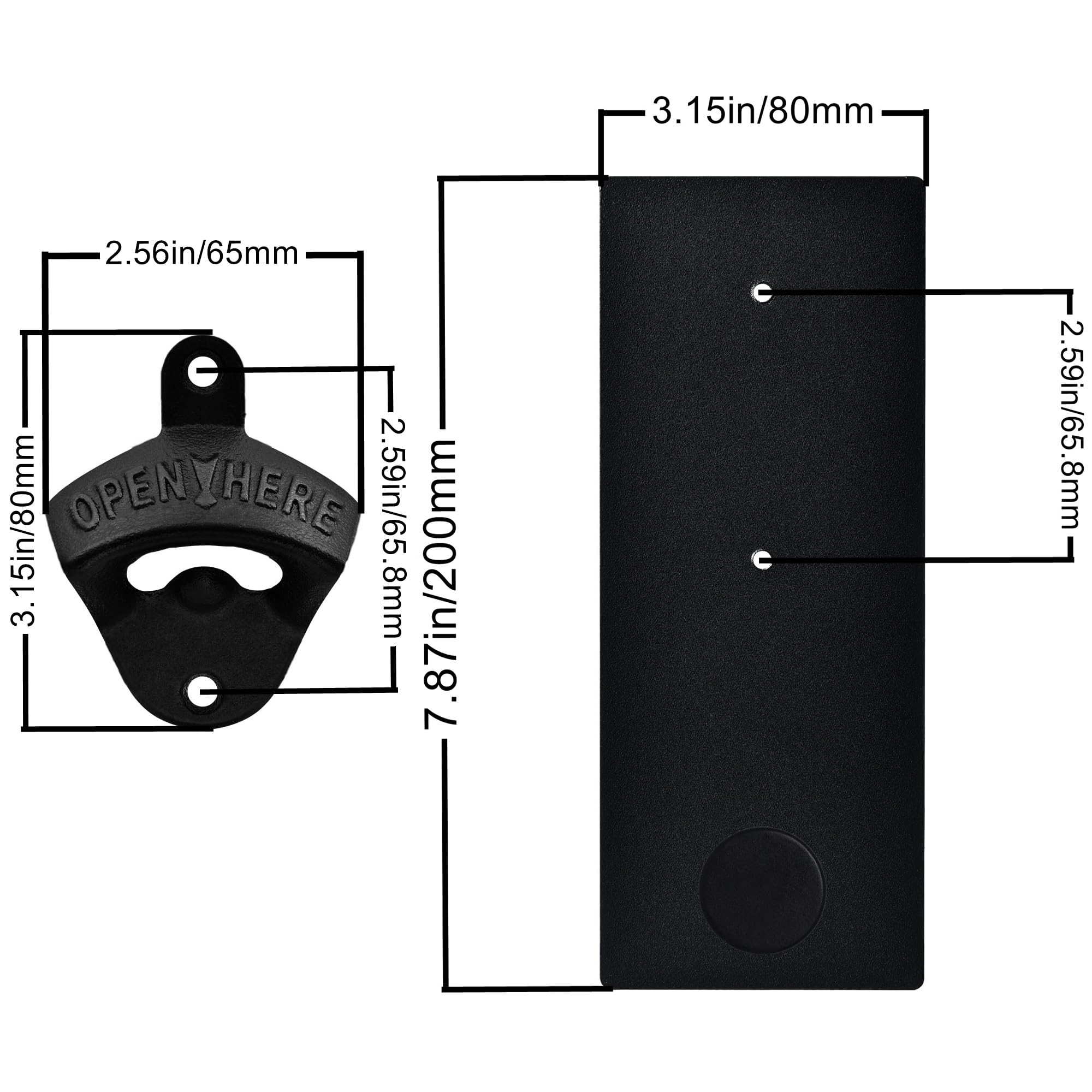 Abridor de botellas de hierro fundido negro montado en la pared con tapa magnética, tablero de metal para nevera de cocina
