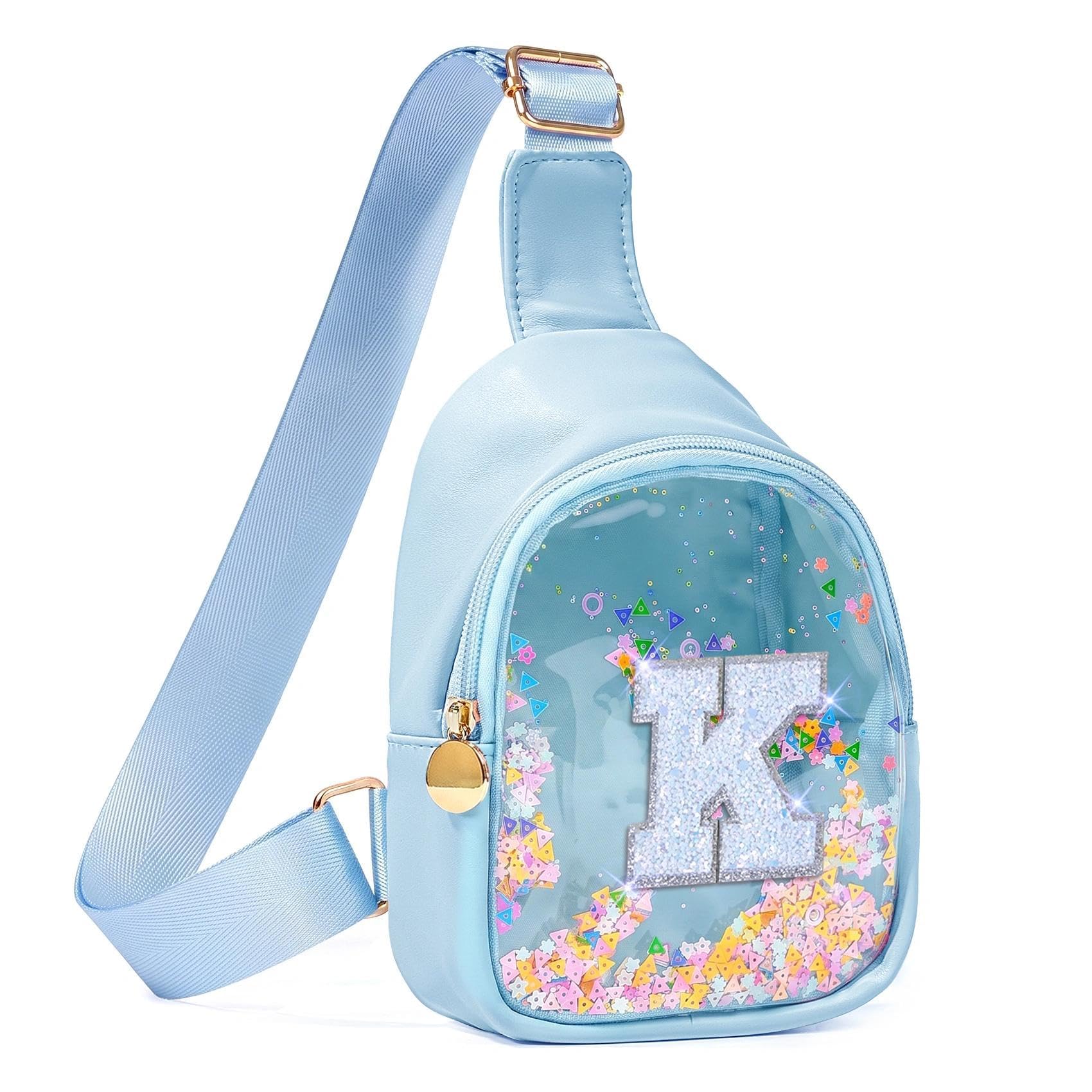 COSHAYSOO Personalized Christmas Birthday Gifts Burr Basket Stuffers for Girls Blue Purse Sling Bag Crossbody Girl Cute Funny Cool Mini Travel Fashion Accessories Monogrammed Initial Letter K