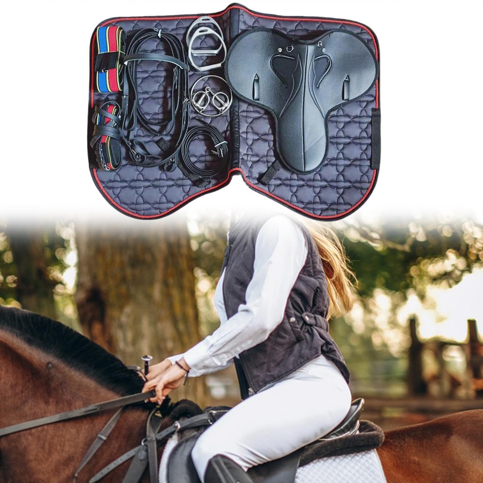 Silla de montar profesional para caballo, combinada con accesorios de colores brillantes que garantizan un alto rendimiento y una apariencia atractiva. Equipo ecuestre.
