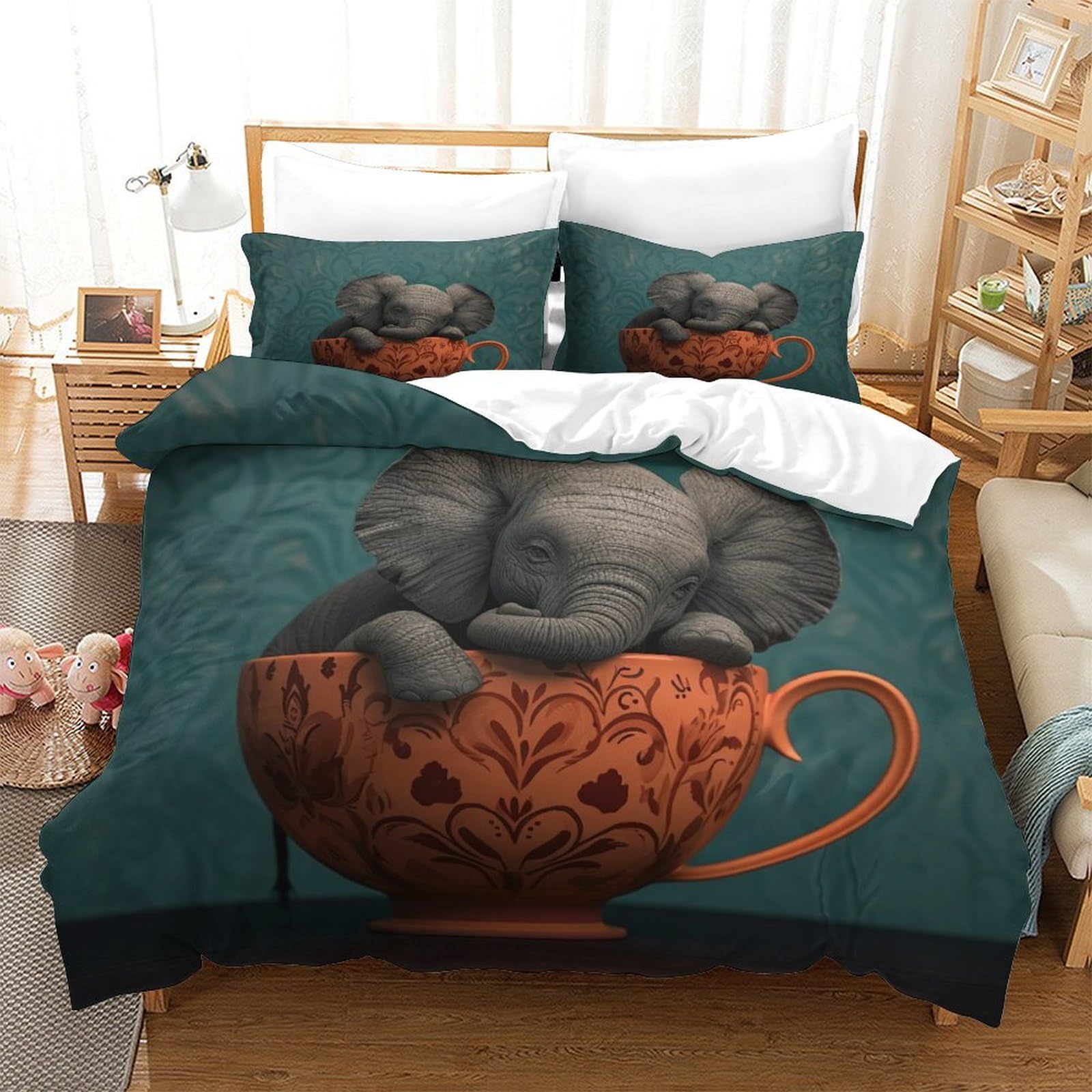 P1S9U7W5Y Cute Elephant Teacup 3D Printed Microfiber 3 Pieces Duvet Cover Set for Adults Teens Animal Bedding Set Bedroom Decor Soft All Seasons Double（200x200cm）