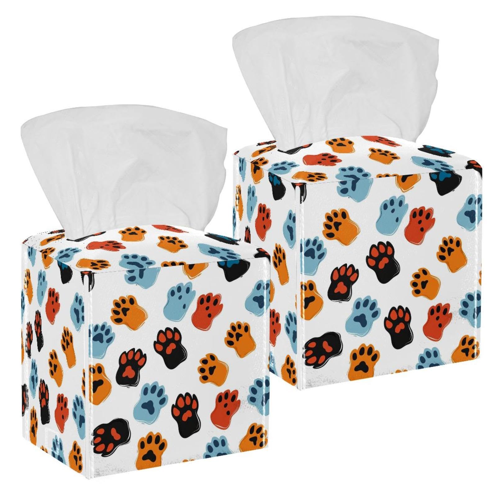 Paw Prints Tissue Box Cover, 2 Pack PU Leather Square Facial Tissue Dispenser Box holder for Home Office Car
