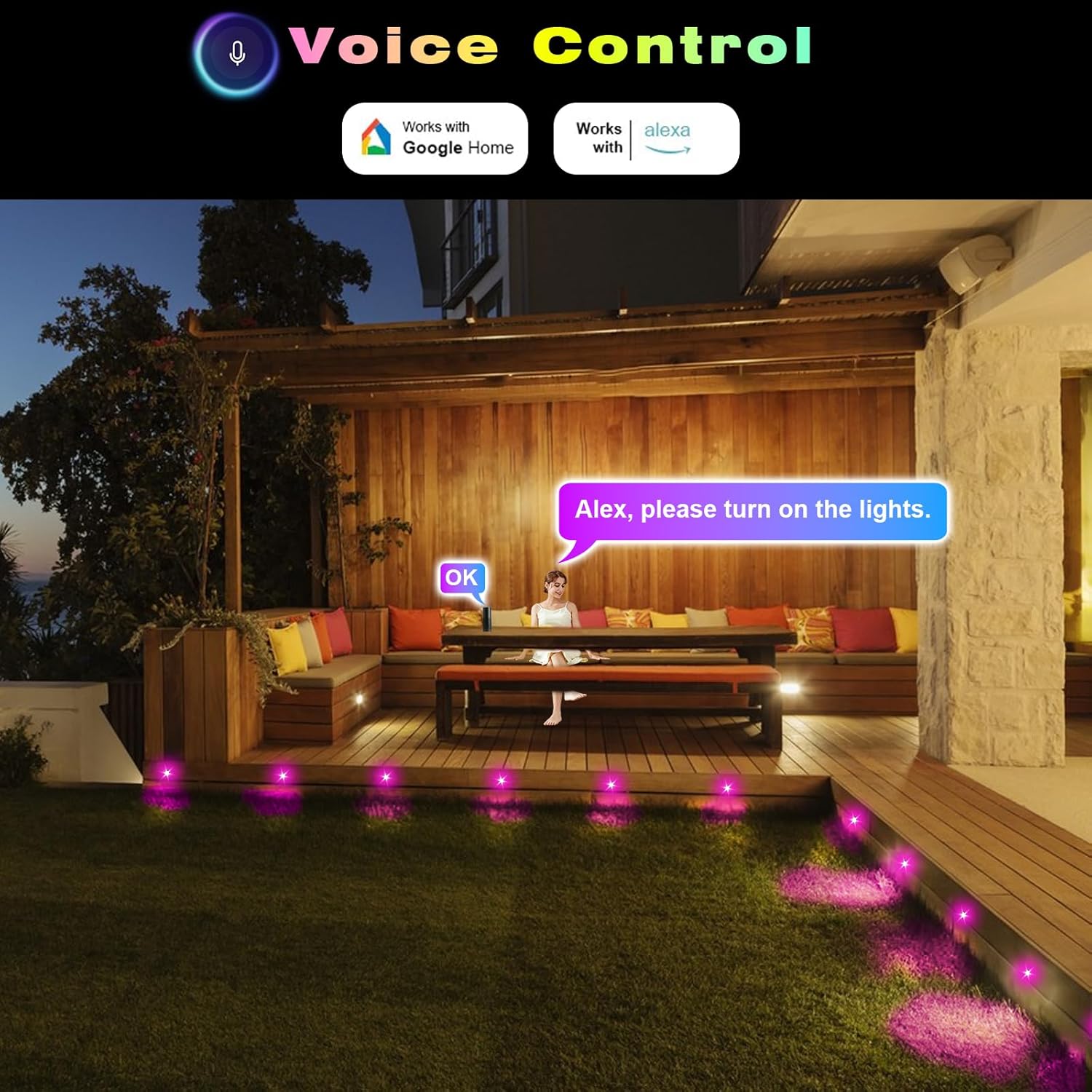 Person using voice command 'Alexa, please turn on the lights' to control FVTLED deck lights on a patio.