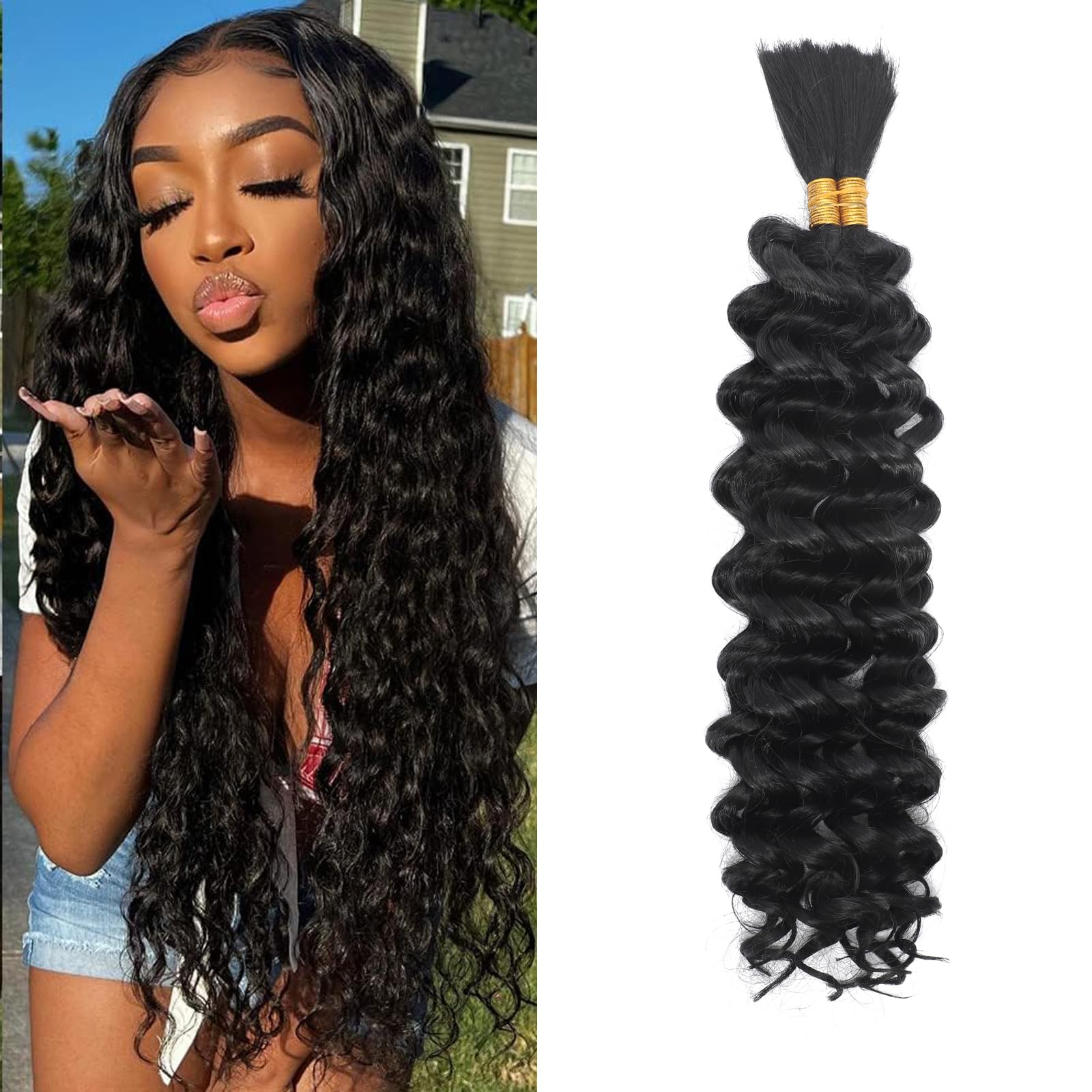 Water Wave Bulk for Braiding 16inch 100g With 2 Bundles Deep Wave Bulk Hair for Boho Braids No Weft Curly Wavy Synthetic Bohemian Braiding Hair Extensions for Women (1B