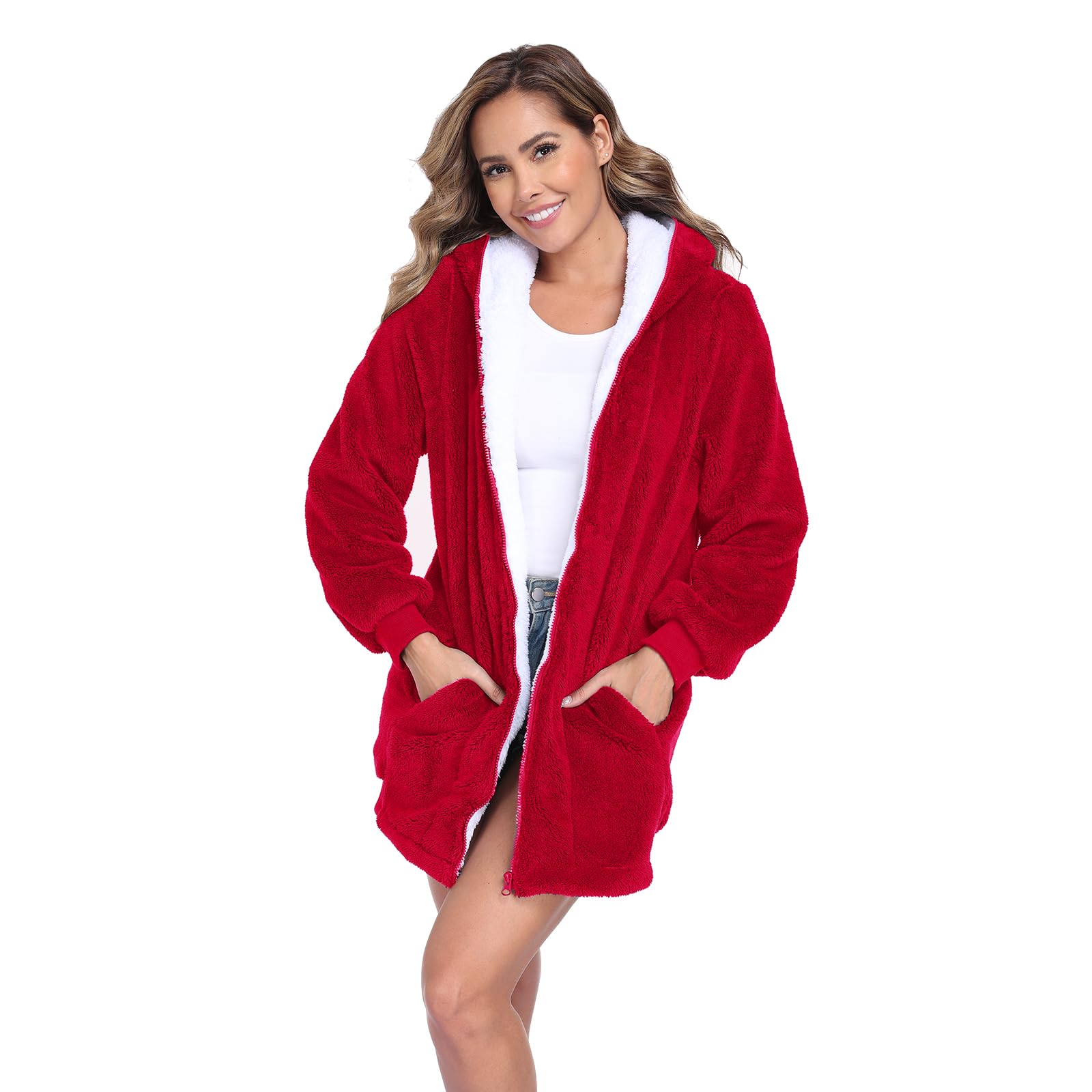 RONGTAI Felpa con Cappuccio in Pile di Agnello - Cardigan con Cerniera - Pigiama Invernale Caldo per Casa
