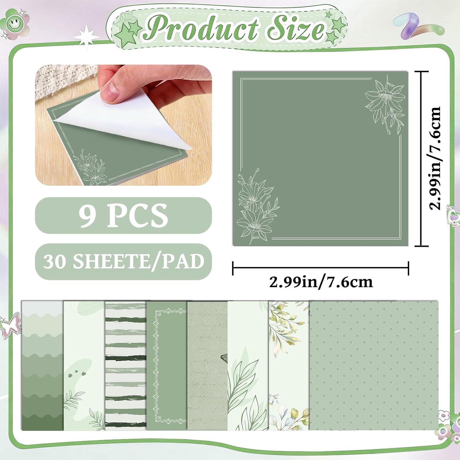 9 Pcs Green Plant Sticky Notes, Back to School Supplies image 5