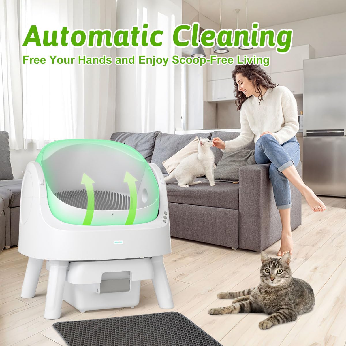 AutoScooper 11 Self-Cleaning Litter Box With Open-Top Design, Integrated Safety Protection, Liner and Mat - White (Manufactured by PETPIVOT INC)