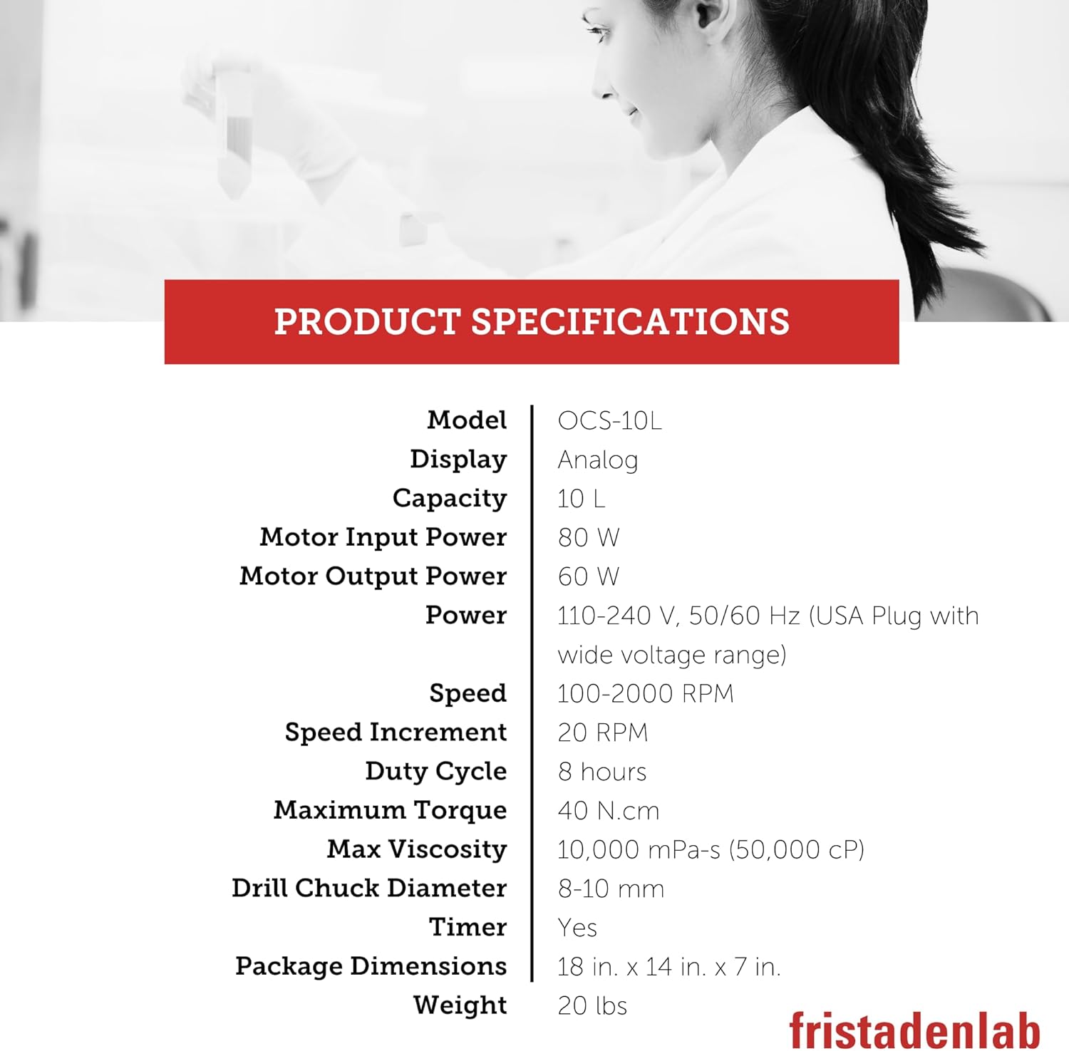 Fristaden Lab Overhead Stirrer | Powerful Analog Lab Mixer | 10 L Capacity | USA Company