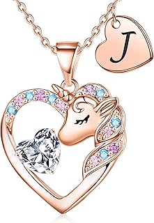 ネックレス ガールズ キッズ ギフト - カラフル キュービックジルコニア ハート イニシャル ネックレス ユニコーン ネックレス ガールズ ジュエリー 誕生日 卒業 ギフト 小さな女の子 キッズ, 真鍮, 宝石なし