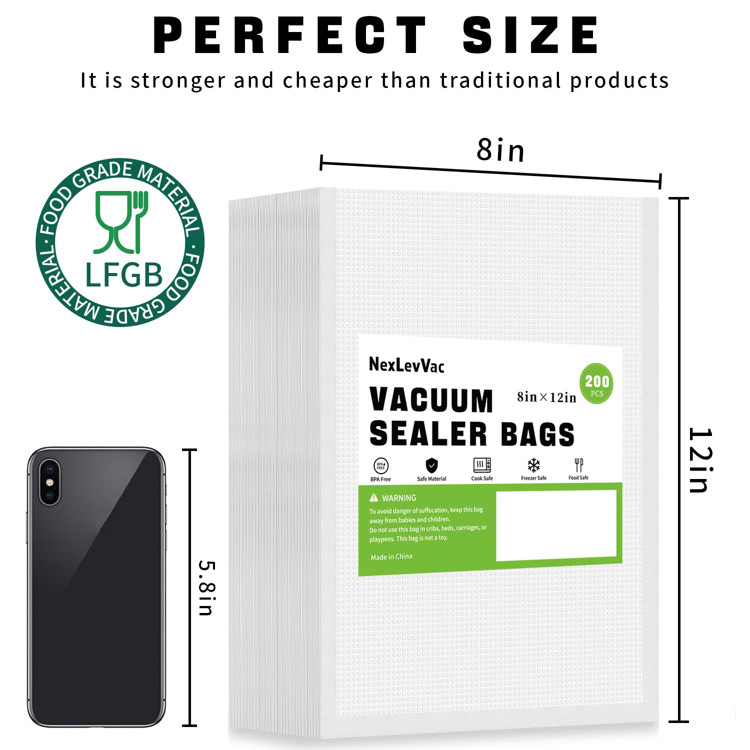 Bolsas selladoras al vacío de 200 cuartos de galón, 8 x 12 pulgadas para sellar una comida, bolsas de sellado precortadas resistentes de grado comercial, prevención de pinchazos, bolsas de