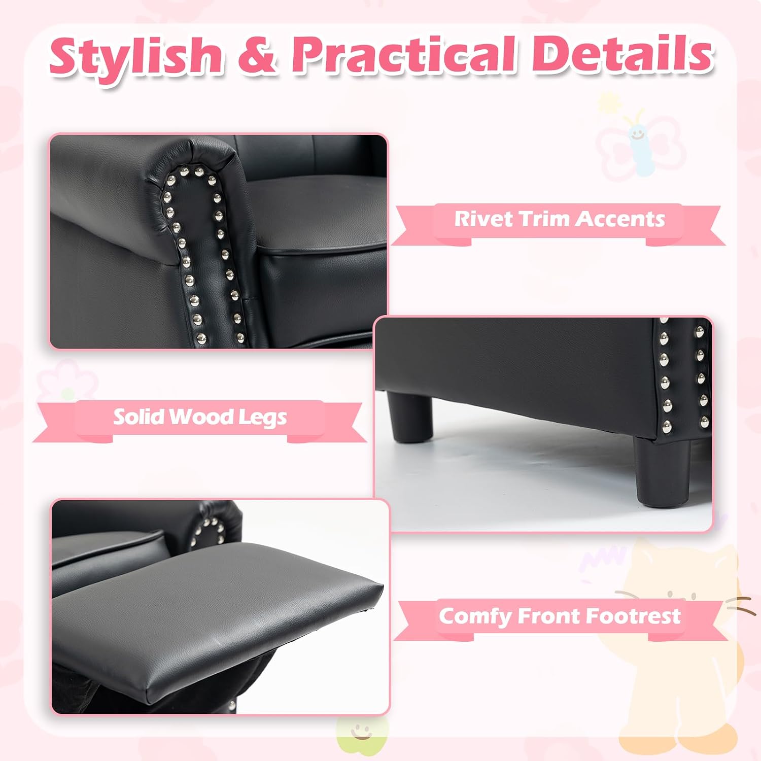 AVAWING Kids Recliner Chair, Wingback Toddler Recliner with Tufted Backrest & Nailhead Trim, PU Leather Kids Chair with Adjustable Backrest and Footrest, for Bedroom and Nursery, Black