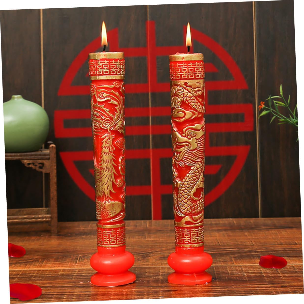 Chinese Wedding Candles Dragon and Crimson Double Candle Set Traditional Marriage Decor for Chinese Style Wedding Ceremony
