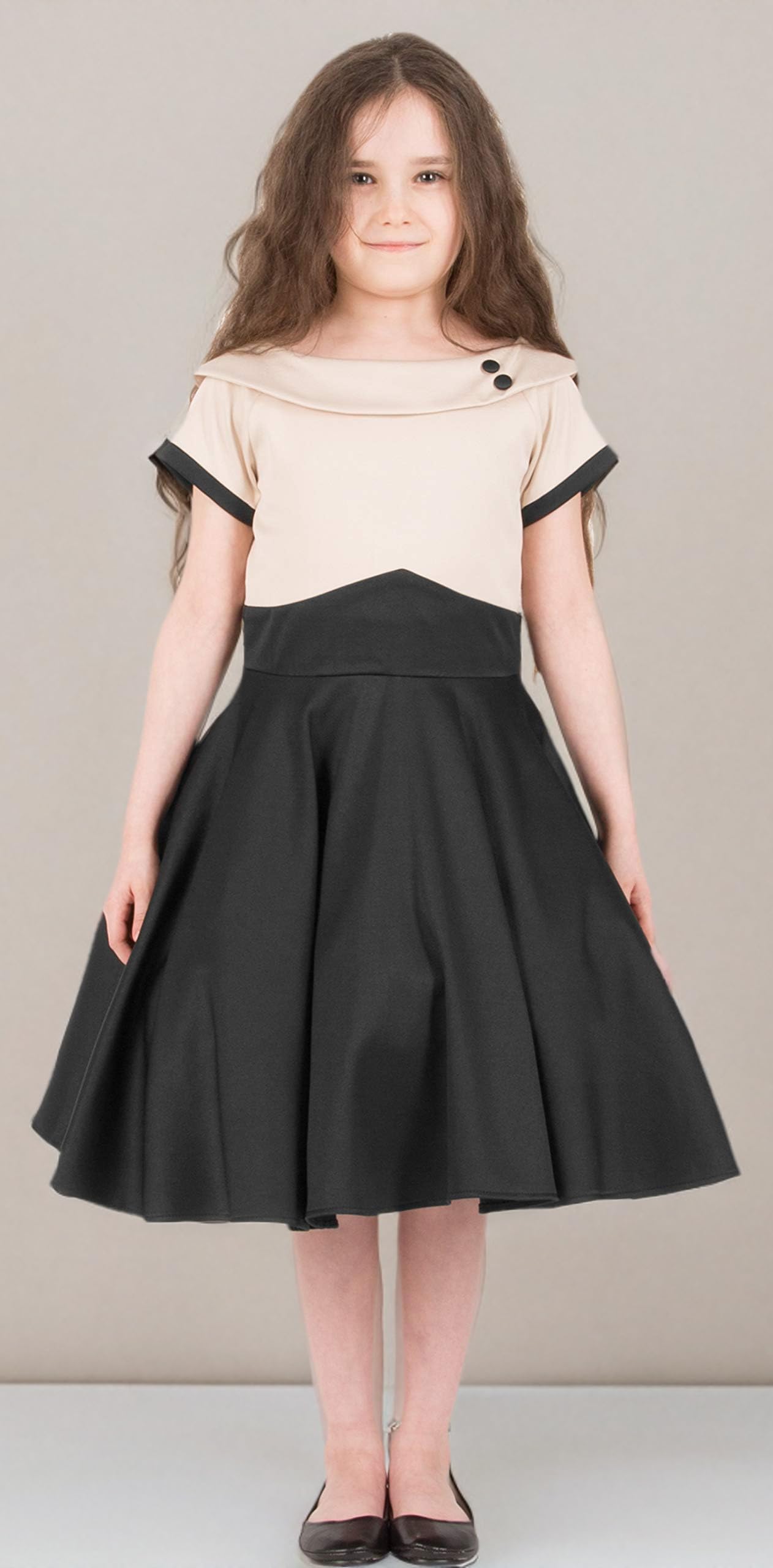 BlackButterfly Mädchen Kleid Valerie Zweifarbig | Tellerrock, Kurze Ärmel, Umlegekragen, Pfeil-Taillennaht, Gefüttert, Reißverschluss Hinten, 3-14 Jahre