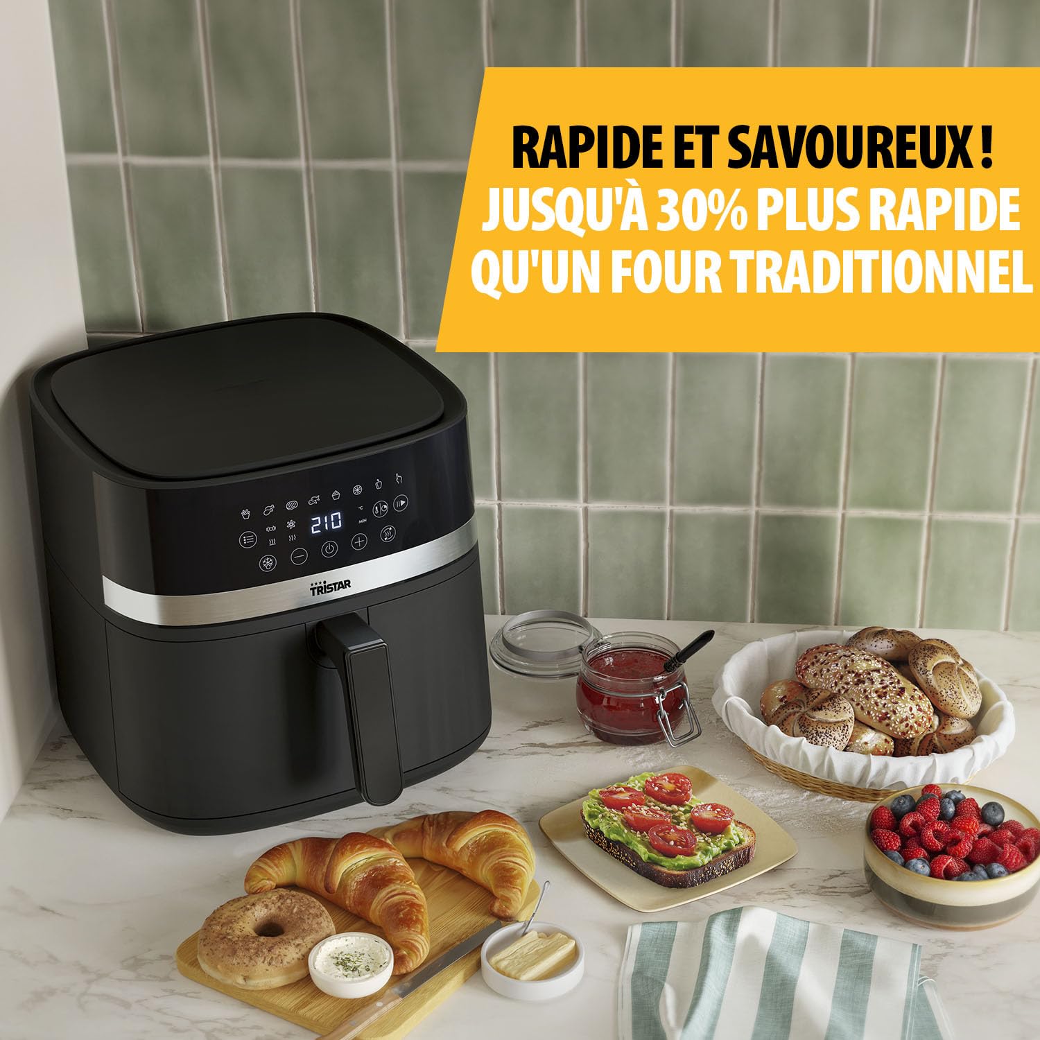 Tristar Friteuse à Air Numérique, 8L Capacité, 2000W, Écran Tactile LED, 7 Programmes + Manuel, Fonction Préchauffage et Maintien au Chaud, Rappel de Secouage, Revêtement Antiadhésif, FR-9418