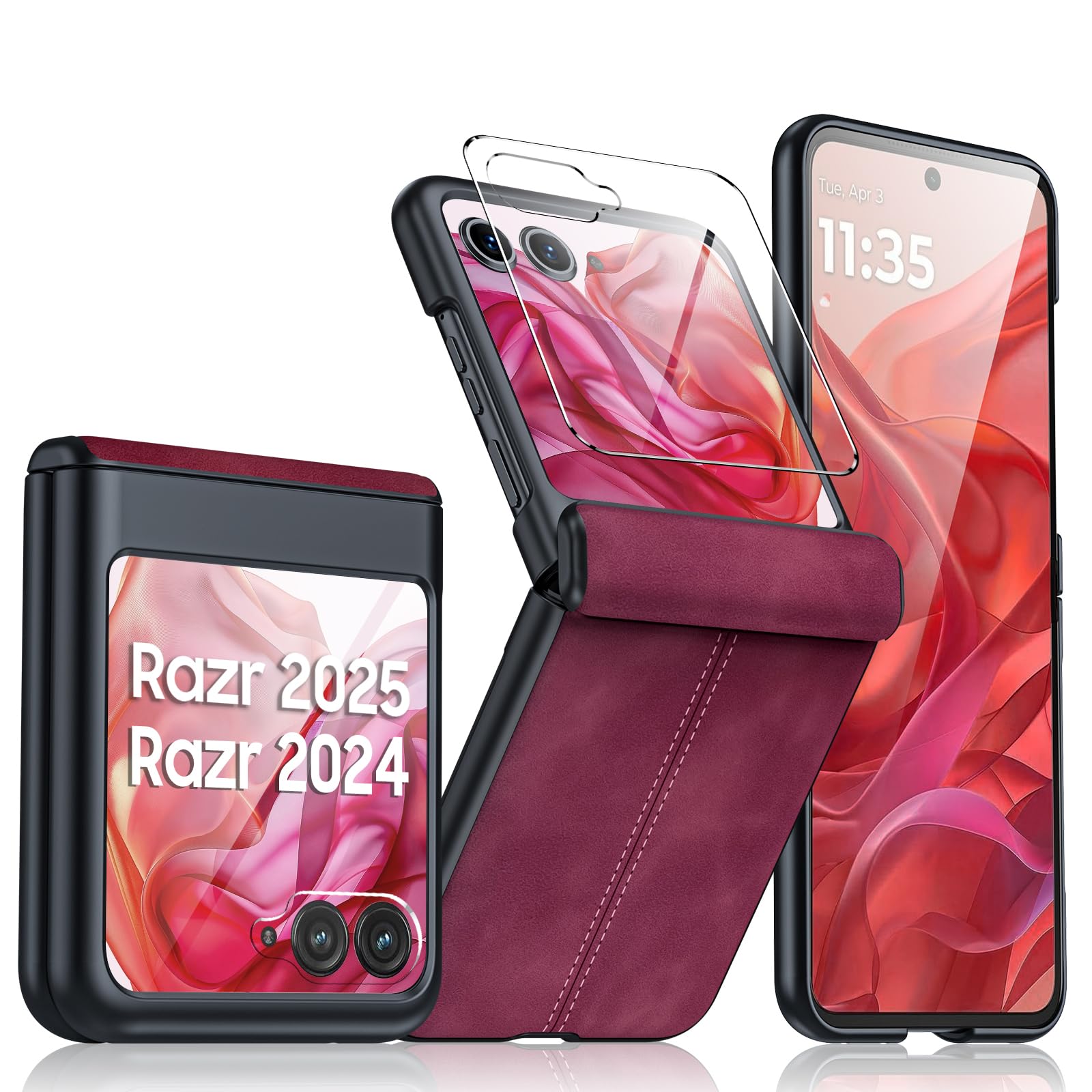 for Motorola Razr 2024 Case/Razr 2025 Case, Built-in Screen Protector & Hinge Protection & Ultra Thin PU Leather Matte PC Shockproof Phone Cover Smartphone Case for Moto Razr 2024/2025(Red)