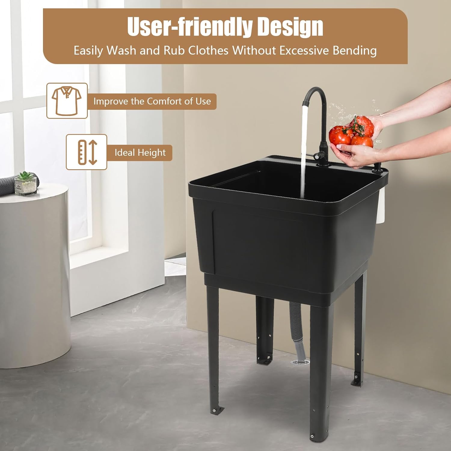 Freestanding Utility Sink, Utility Sink Extra-Deep Laundry Tub, Freestanding Plastic Utility Sink Laundry Tub Sink for Basement, Laundry Room, Garage or Shop (Black)
