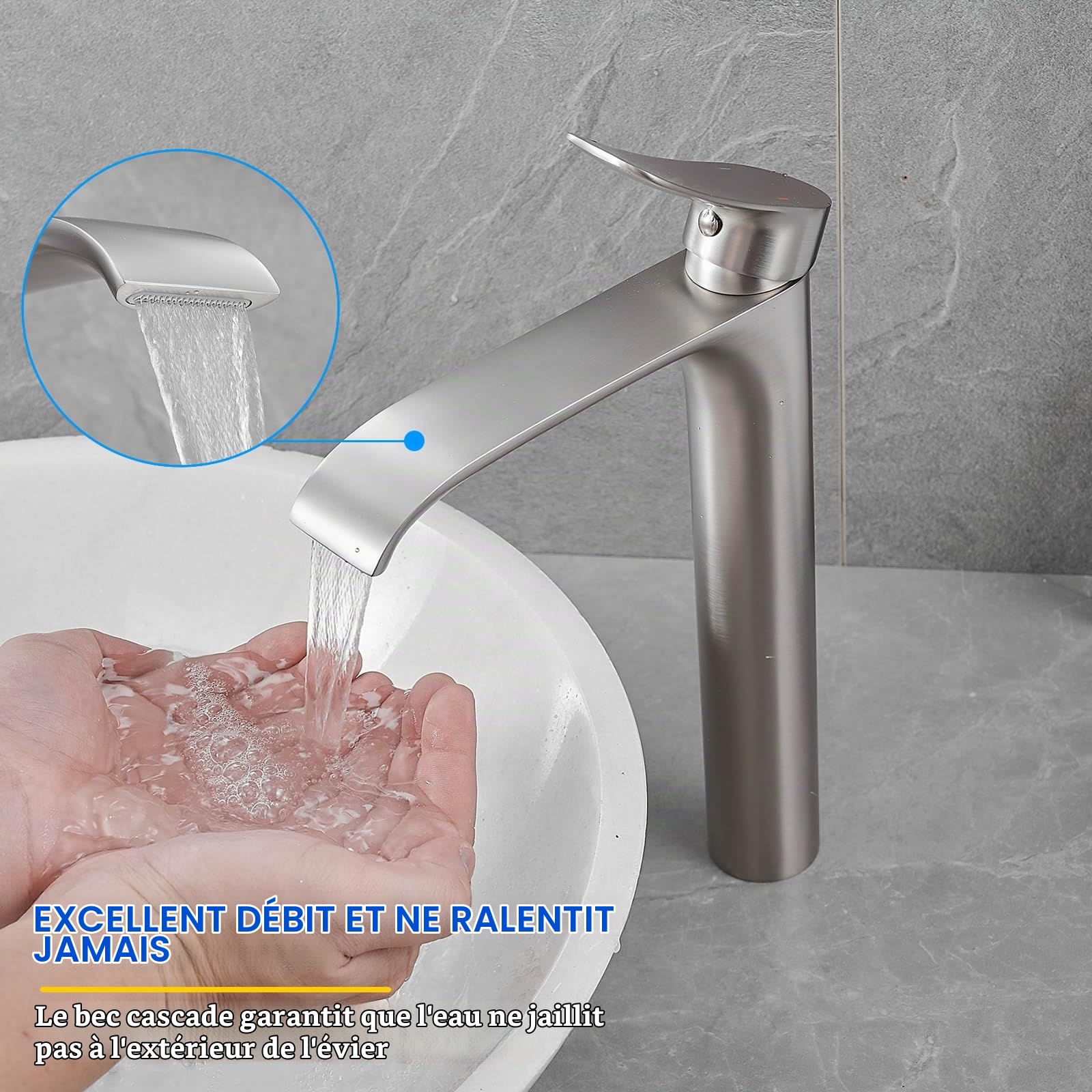 Robinet de salle de bain cascade - Robinet de salle de bain haut - Mitigeur monocommande - Argent (nickel brossé)