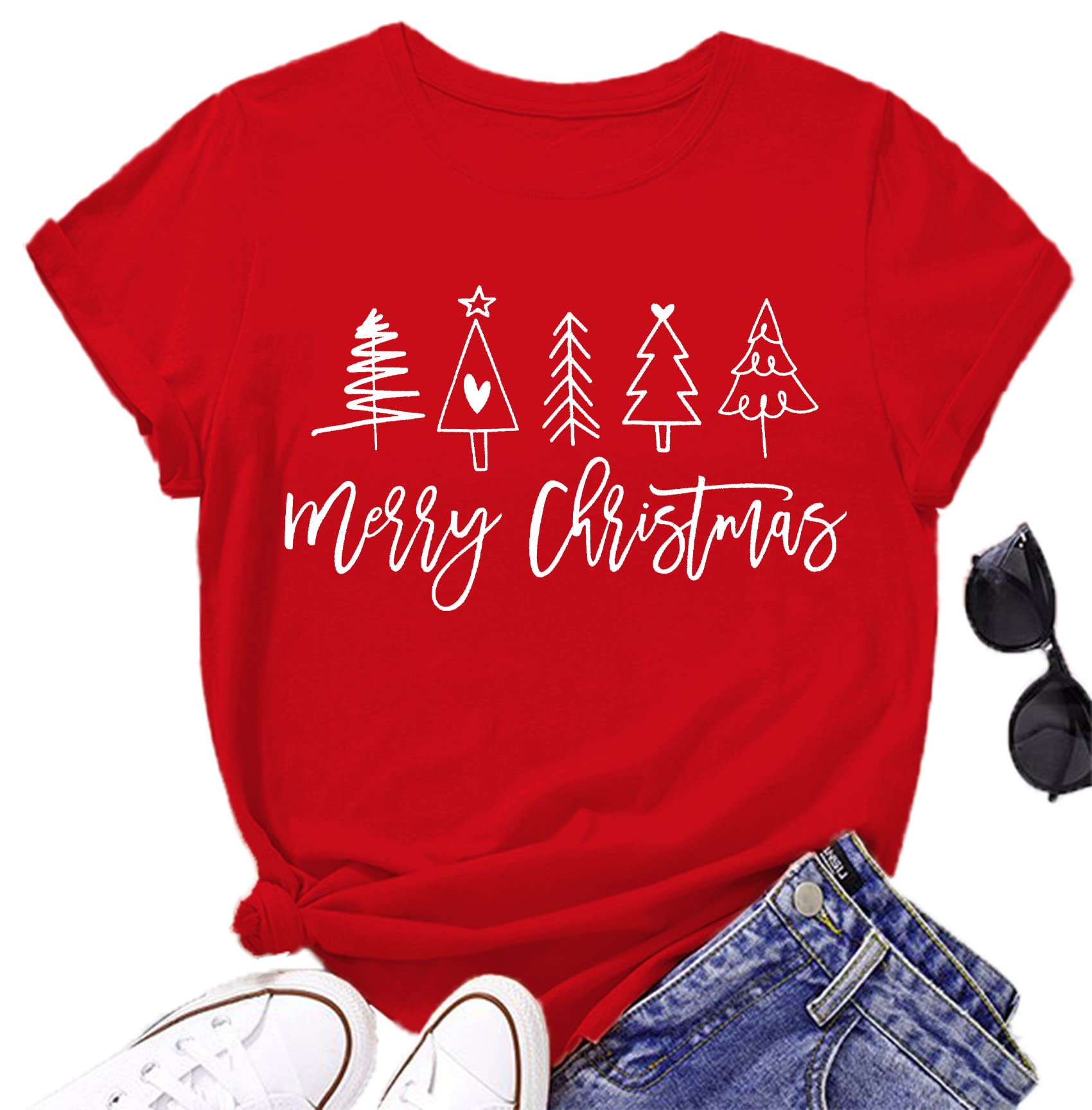 MEESHEEPMerry Christmas Shirt for Women Christmas Tree Tees Tops Letter Xmas Tree Graphic Print Female T Shirt