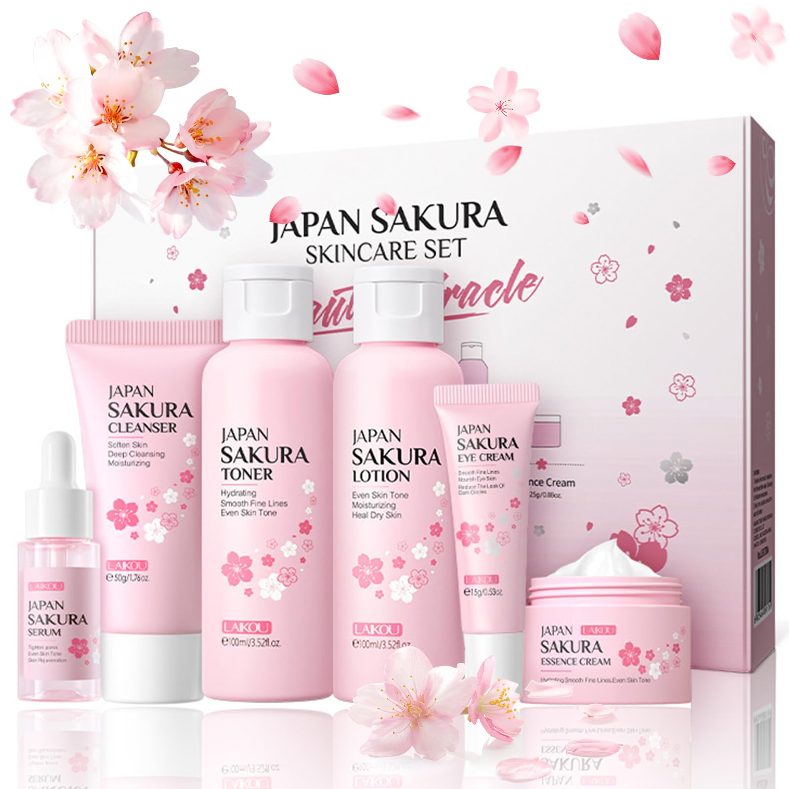 6 Pcs Skin Care Sets JAPAN SAKURA Women Beauty Gift Sets Sakura Skin Care Kit with Cleanser, Toner, Serum, Eye Cream, Lotion, Essence Cream Travel Kit for Women Teen Girls