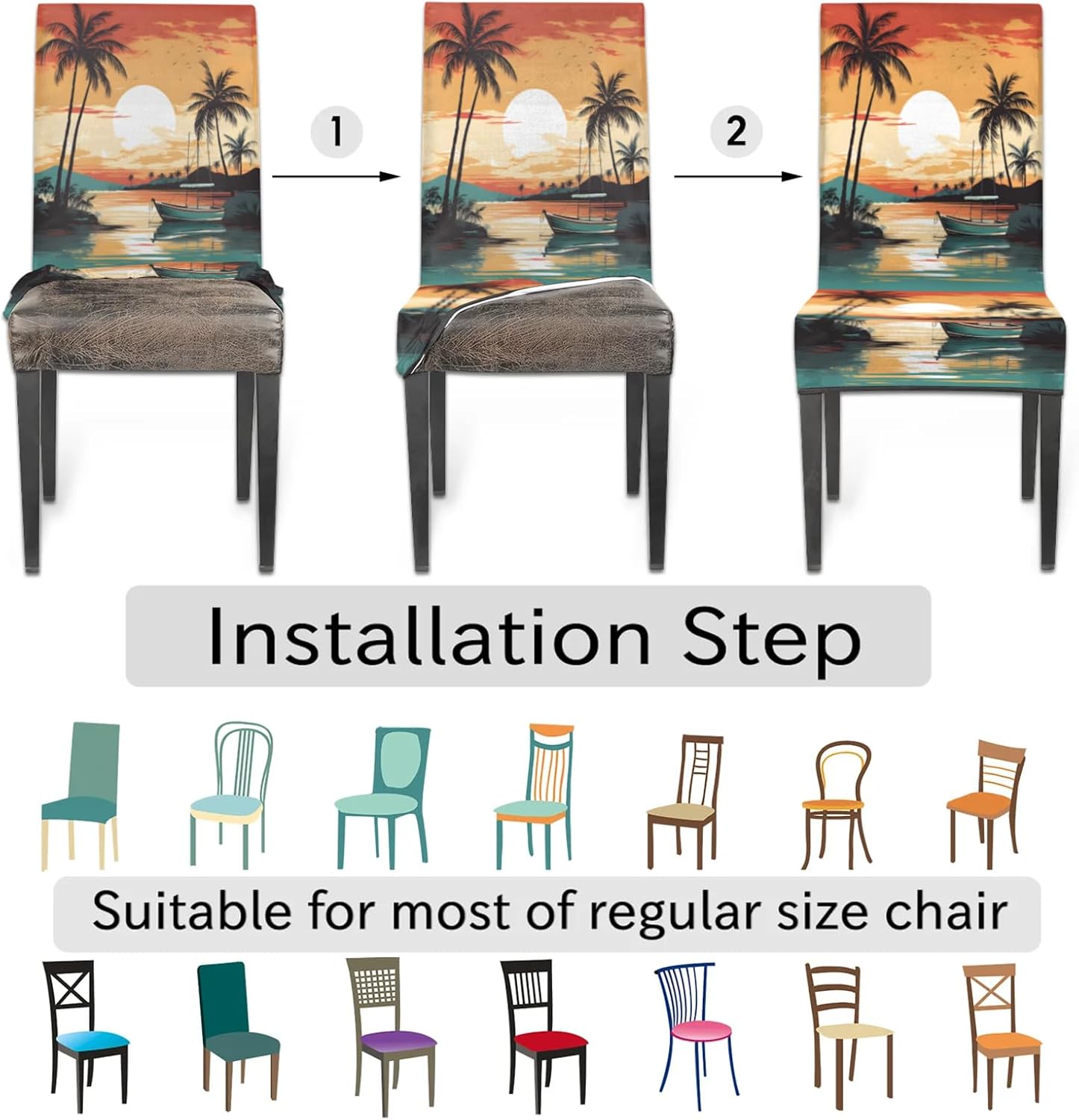 QsirBC Sunset Coast Coconut Boat Stretch Dining Room Chair Covers Set of 4 Chair Slipcovers Removable Washable Kitchen Seat Covers Chair Protectors for Hotel Party Wedding