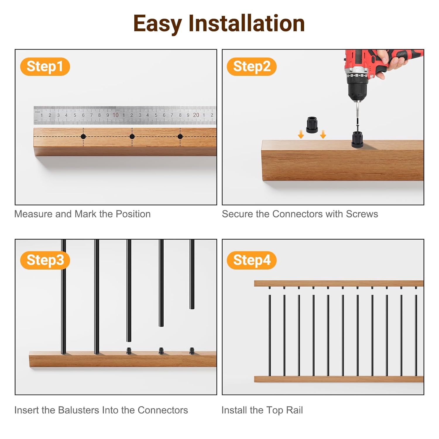 50 Pack Aluminum Deck Balusters, 32" x 3/4" Hollow Round Balusters for Deck Railing with Connectors/Screws, Black Metal Deck Spindles for Fencing Porch Stair Railing