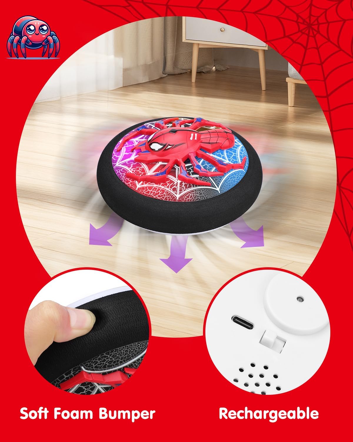 Sipder Hero Hover Soccer Ball for Kids Indoor Toys for Boys Age 6, 7, 8, 9, 10, 11, 12 Year Old, Boy Birthday Gifts Spider toys, Rechargeable Air Floating Soccer Toy with LED Lights Foam Bumper - Image 6