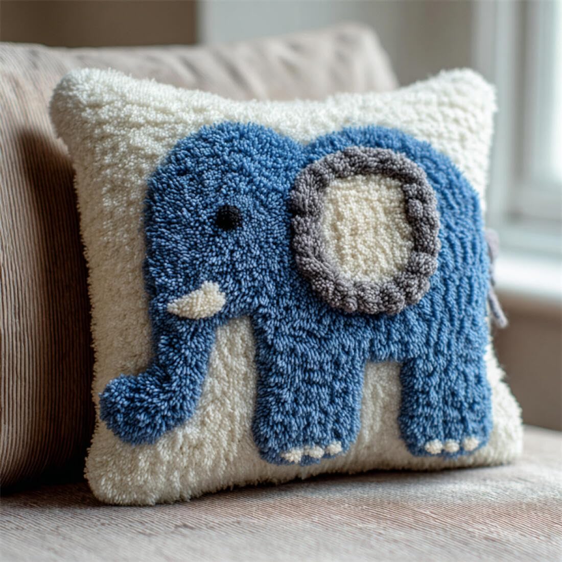 Kitquiver Animal Latch Hook Cushion Kits Cartoon Elephant DIY Latch Hook Kits Pillowcase Embroidery,Knitting,Gift for Adults/Beginners 17x17In