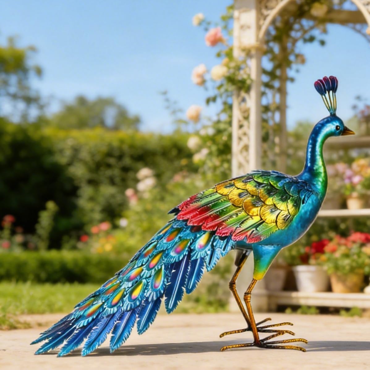 chisheen Metal Peacock Statue Garden Decor Yard Art Sculpture Outdoor Decoration for Lawn,Patio,Backyard,Birthday Housewarming Gifts for Women,Mom,Grandma (Multi-color)