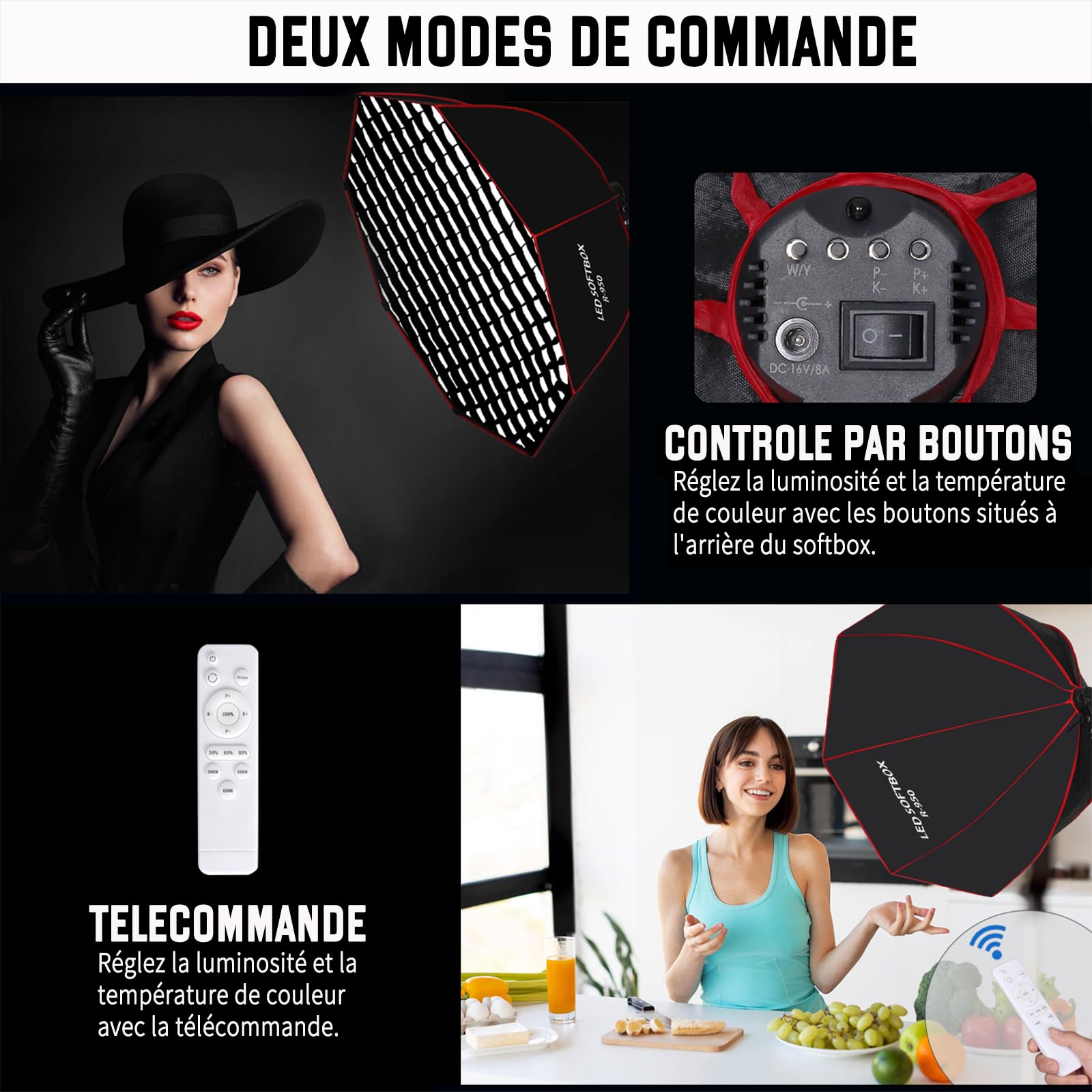 Kit d'éclairage 110 W Boîte à lumière avec Grille Alvéolaire, 95cm