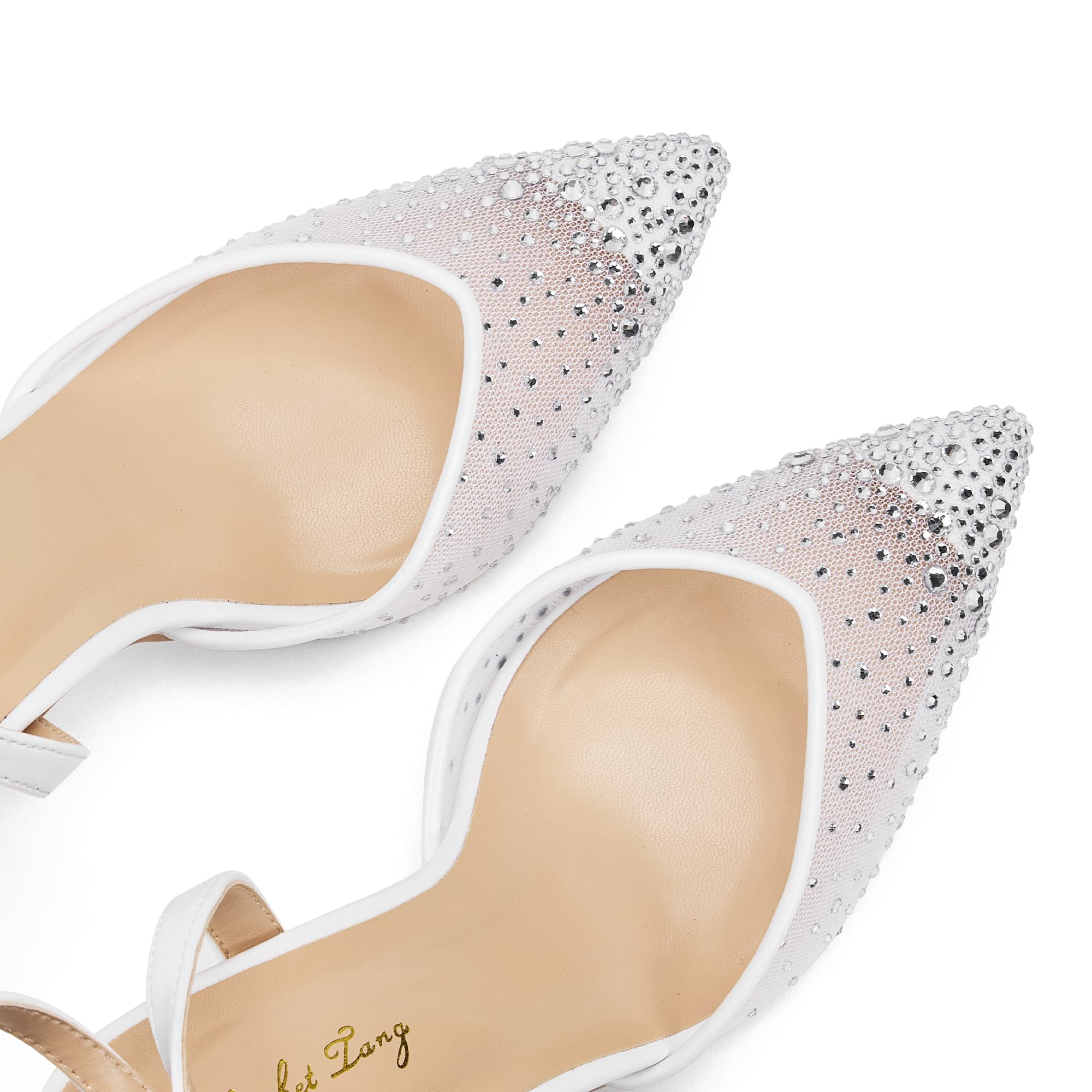 Zhabtuc Damen Tacchi 8 cm Strass Pumps Punta Spillo Mesh Glitter Cinturino Caviglia Slingback Kitten Heel Scarpe da Sera Matrimonio Sposa