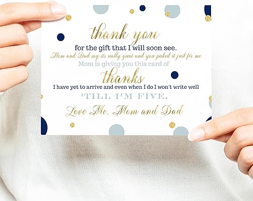 Miniatura 5 de Paper Clever Party Tarjetas de agradecimiento para baby shower azul marino y dorado con sobres, notas en blanco con mensaje precargado para niños,